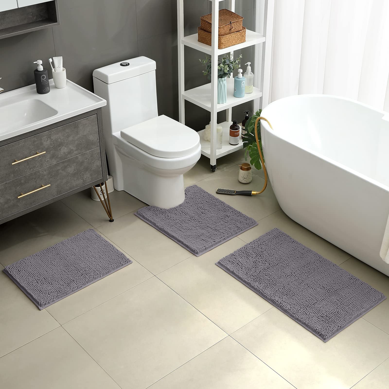 HOMEIDEAS 3 Pieces Bathroom Rugs  Ultra Soft Non Slip Absorbent Chenille Toilet Bath Mat Set (Grey)