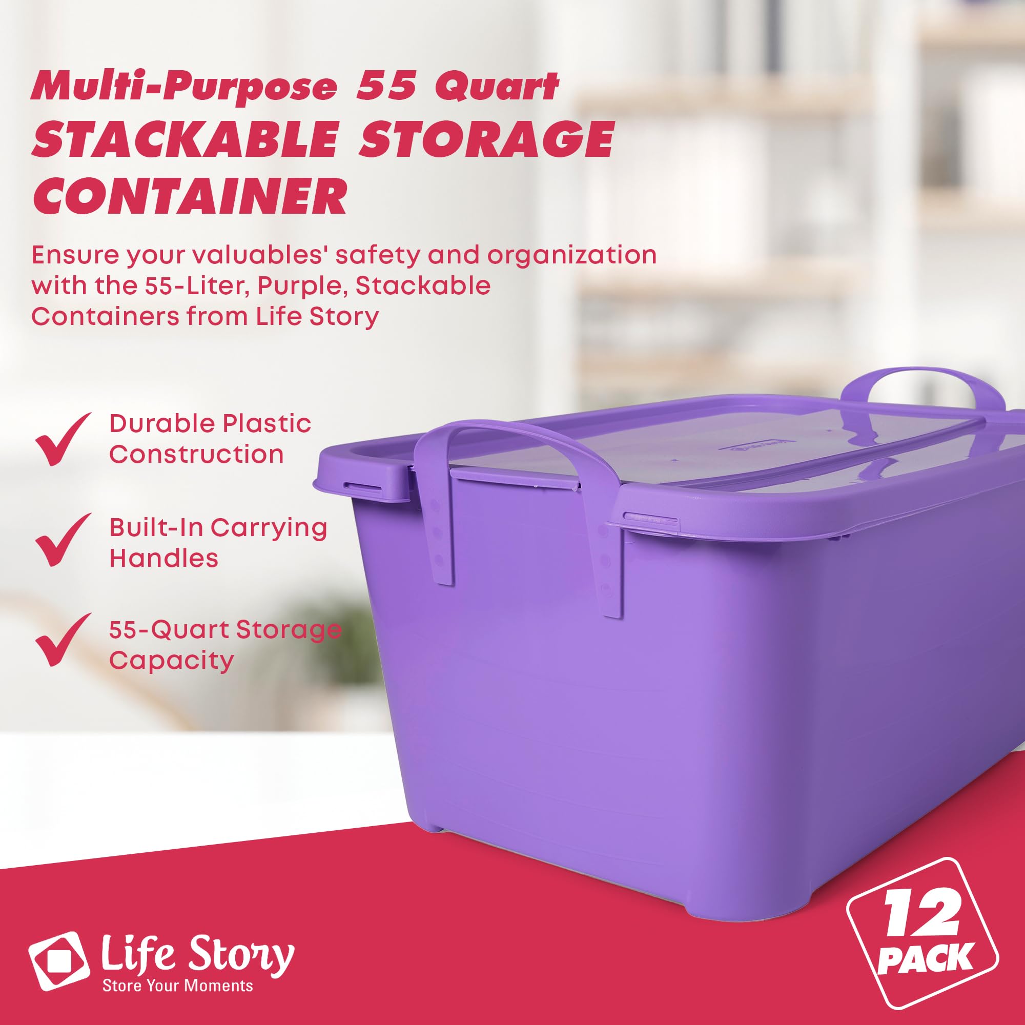 Life Story 55 Qt Stackable Plastic Storage Lidded Container Bins, 12 Pack, Purple
