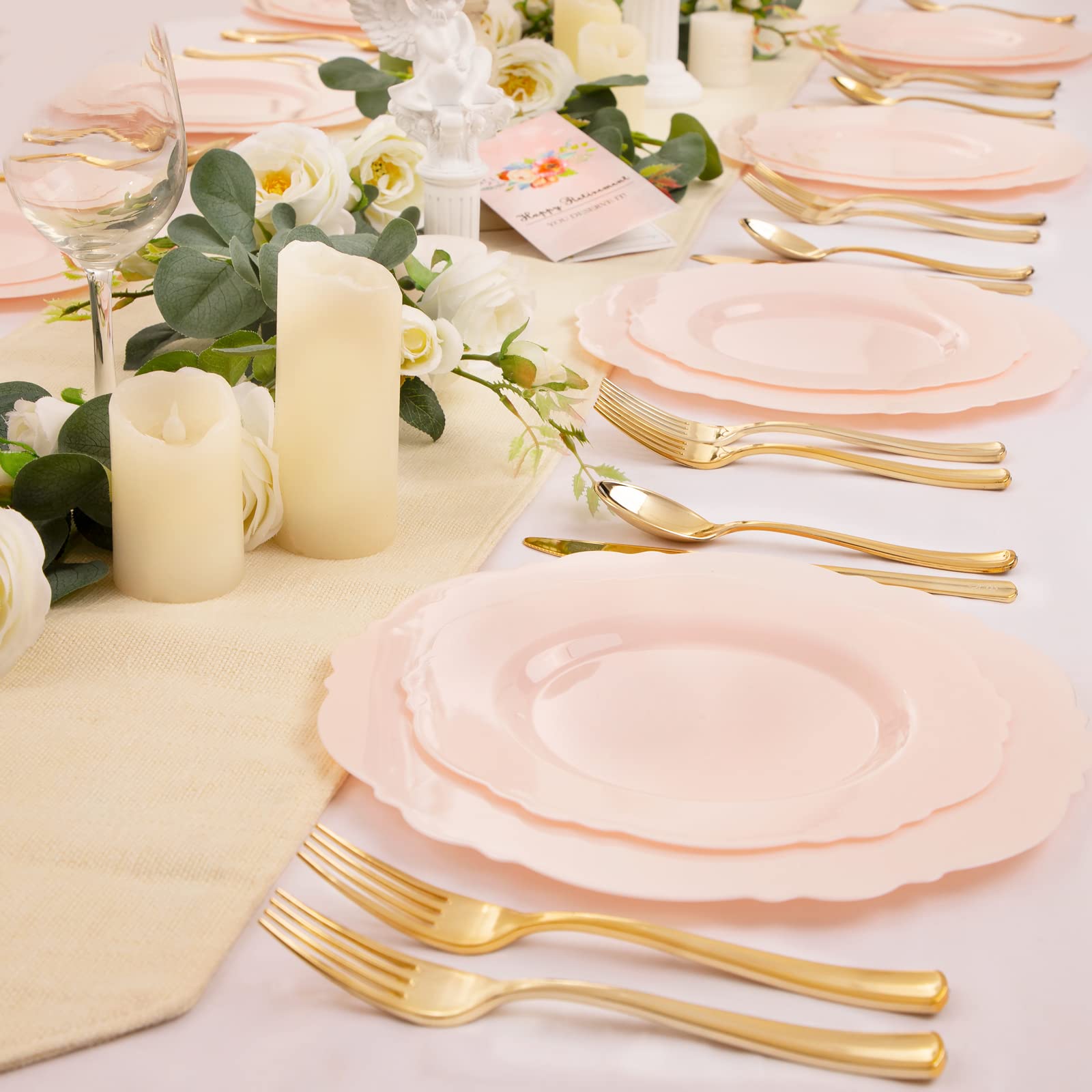 WDF 60pcs Pink Plastic Plates - Baroque Pink Disposable Plates Including 30 Pink Dinner Plates 10.25inch  30 Pink Dessert Plates 7.5inch for Upscale Wedding &Parties