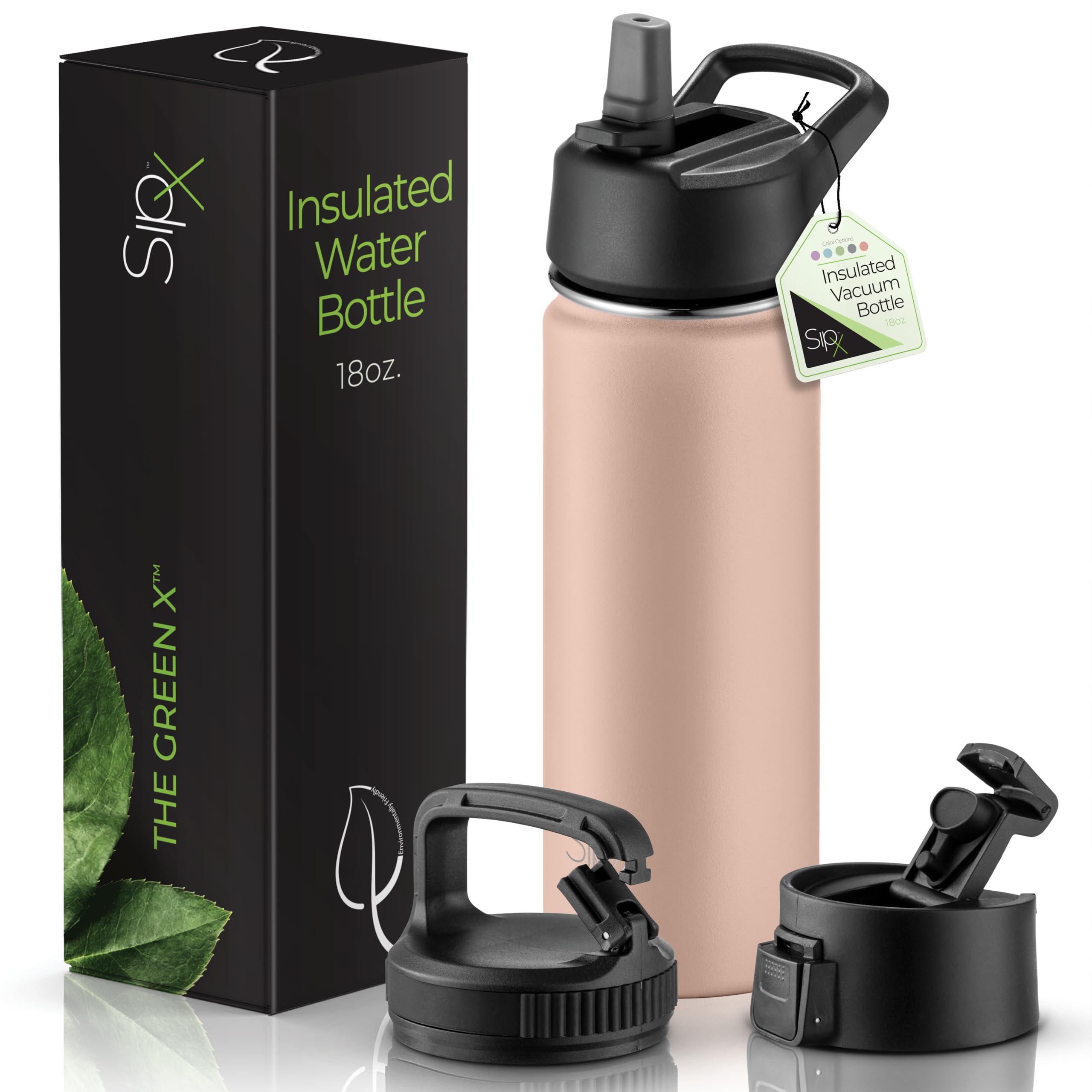 SipX Triple-Insulated Stainless Steel Water Bottle 18oz. With 3 Lids, BPA-Free Reusable Insulated Water Bottle Keeps Cold 24 Hou