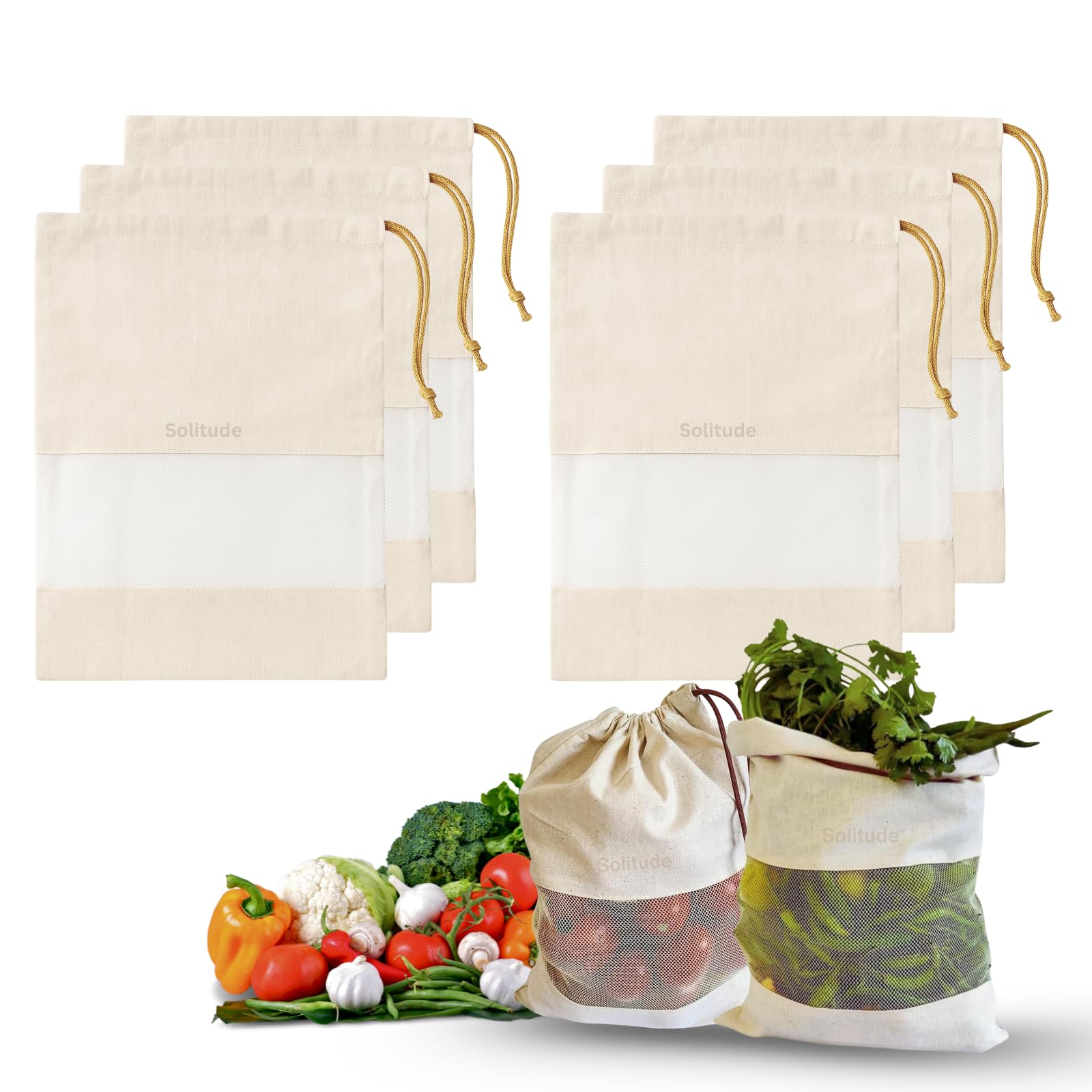 Solitude Set Of 6 Cotton Vegetable Bags For Fridge Storage, Reusable Washable Muslin Cloth Produce Bags With Drawstring, Eco Fri