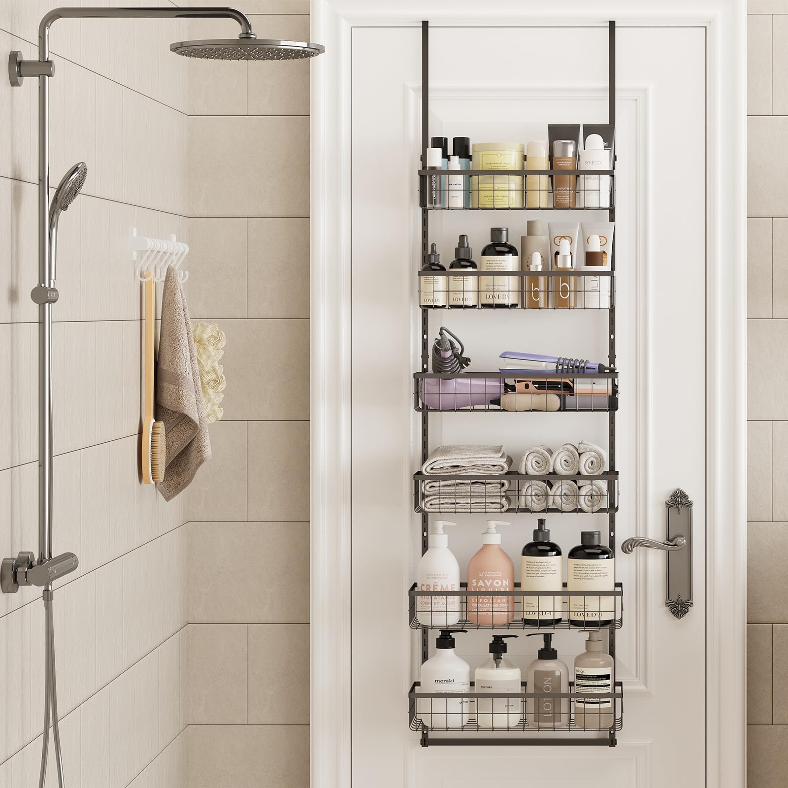 LUMAMU Over The Door Bathroom Organizer, 6-Tier Adjustable Metal Baskets Hanging Bathroom Organizer, Over The Door Organizer wit