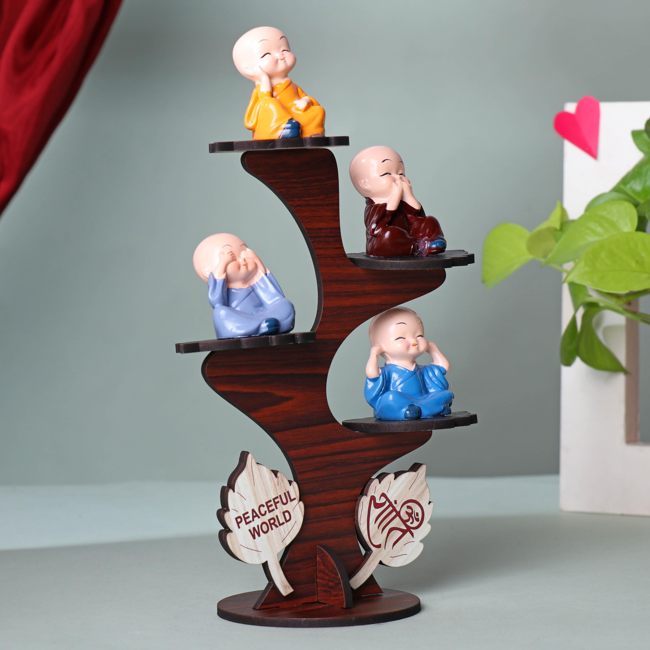 Floweraura Decorative Set Of 4 Adorable Buddha Monk Figurines With Wooden Stand For Peaceful Home Decor & Office Decor, Special