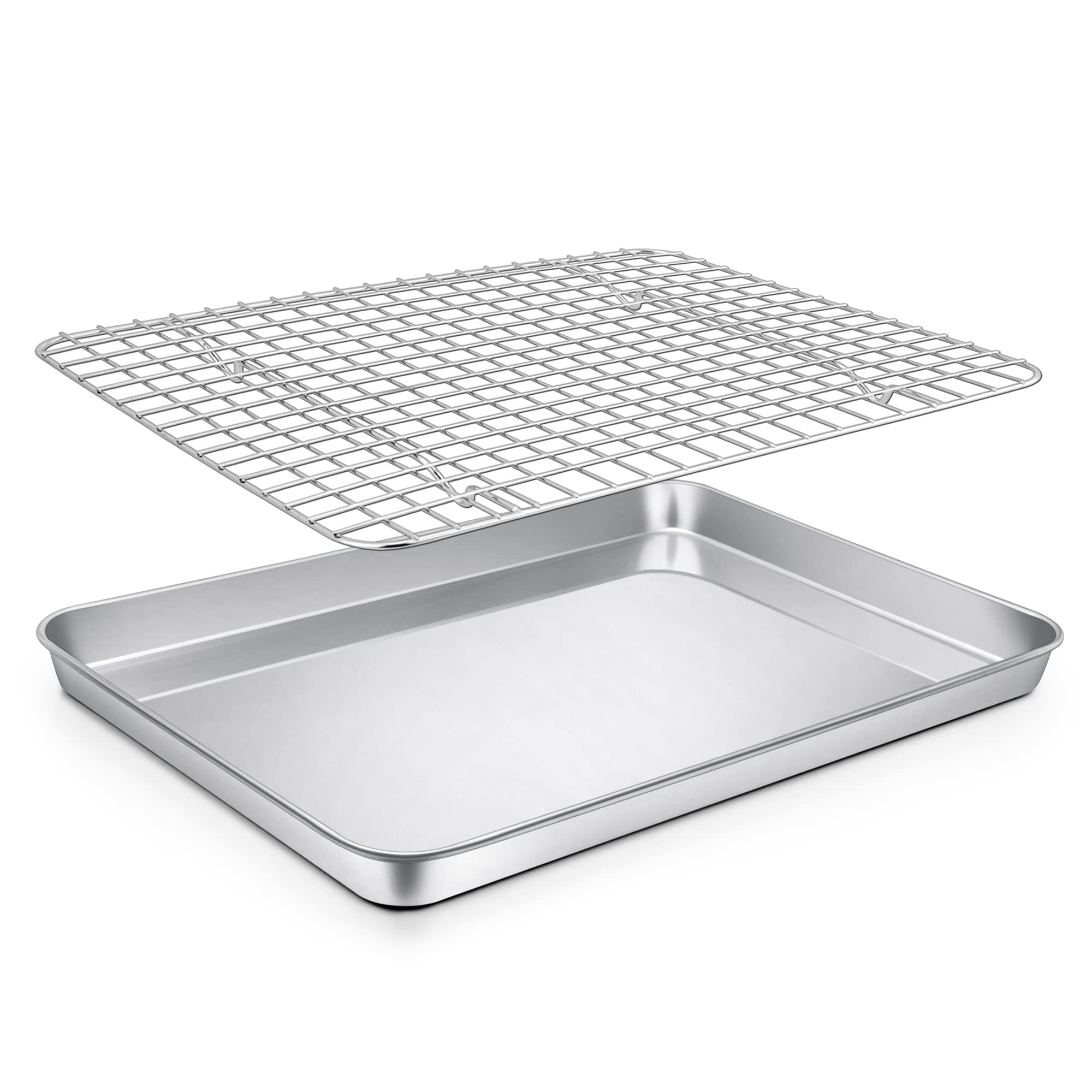 Toaster Oven Pan With Rack Set, Size 12.5 X 9.7 X 1 Inch, P&P Chef Stainless Steel Baking Pan Oven Tray And Grid Rack For Cookin