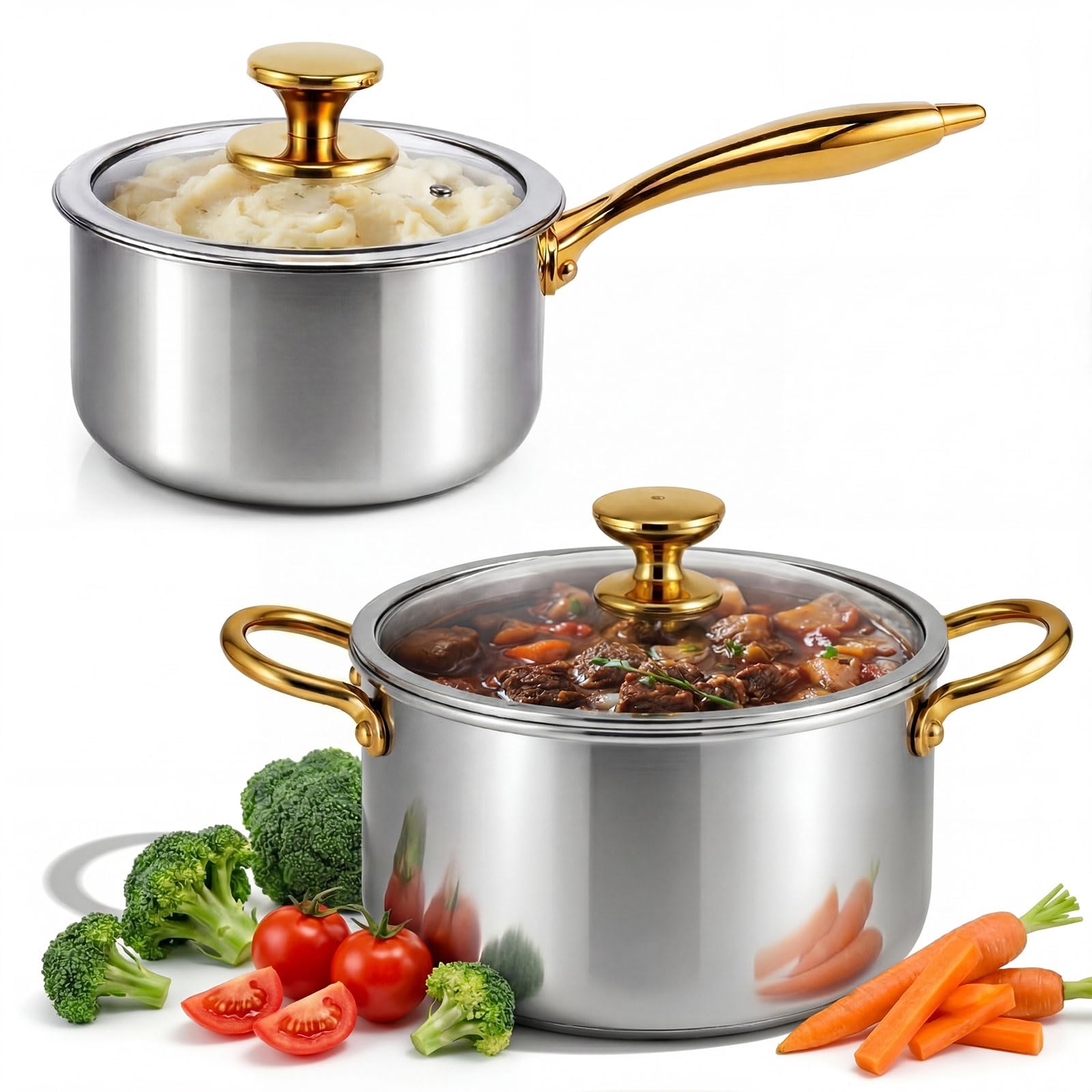 LemonRoad 2 Pieces Titanium Cookware Set, 5.7 Qt and 3.2 Qt Pots and Pans with Lids Triply Titanium No Coat Technology Safe for 