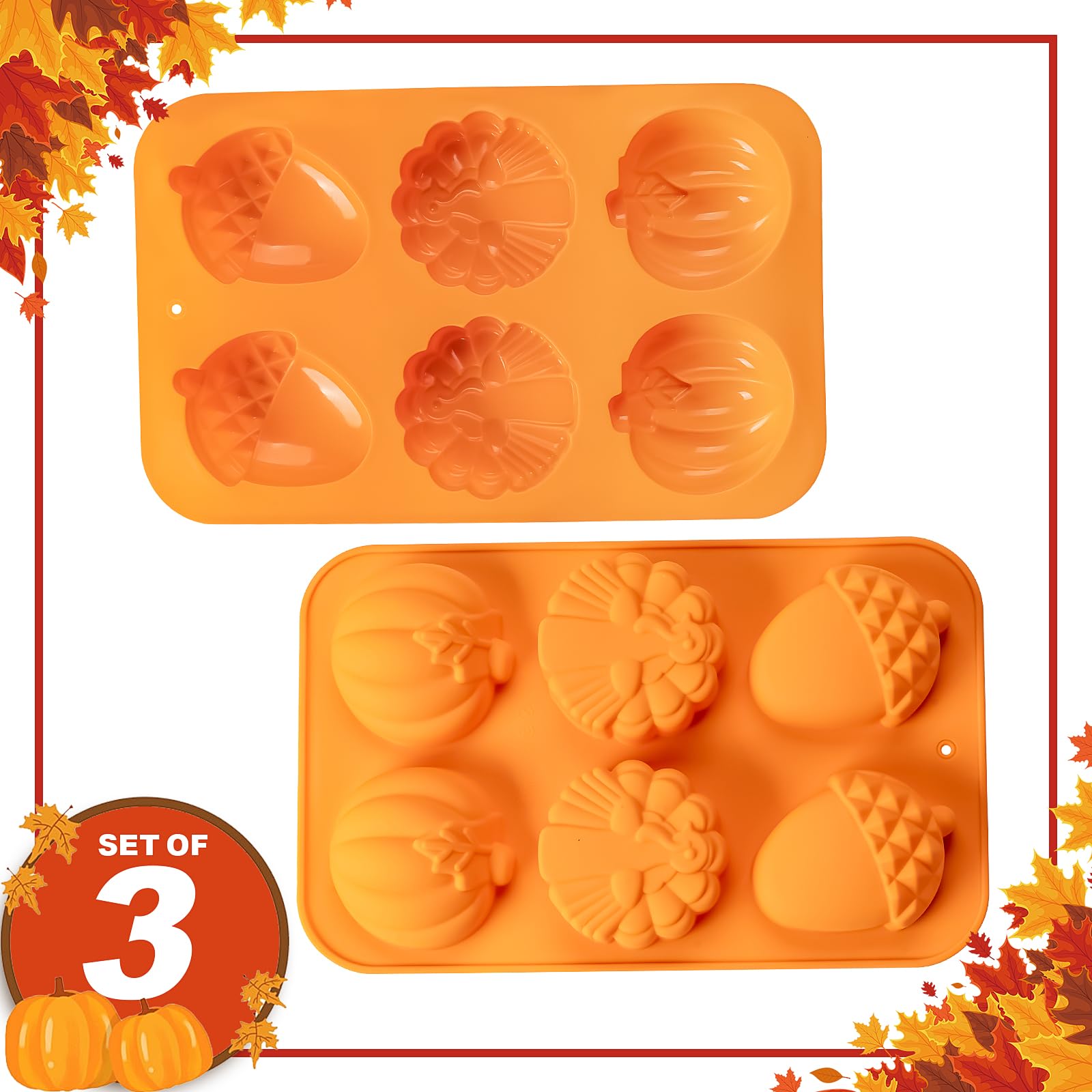 Turkey Pumpkin Cake Molds, 3 Pack Fall Molds Silicone Turkey Mould For Thanksgiving Mini Cake Muffin Baking, Halloween Cupcake P