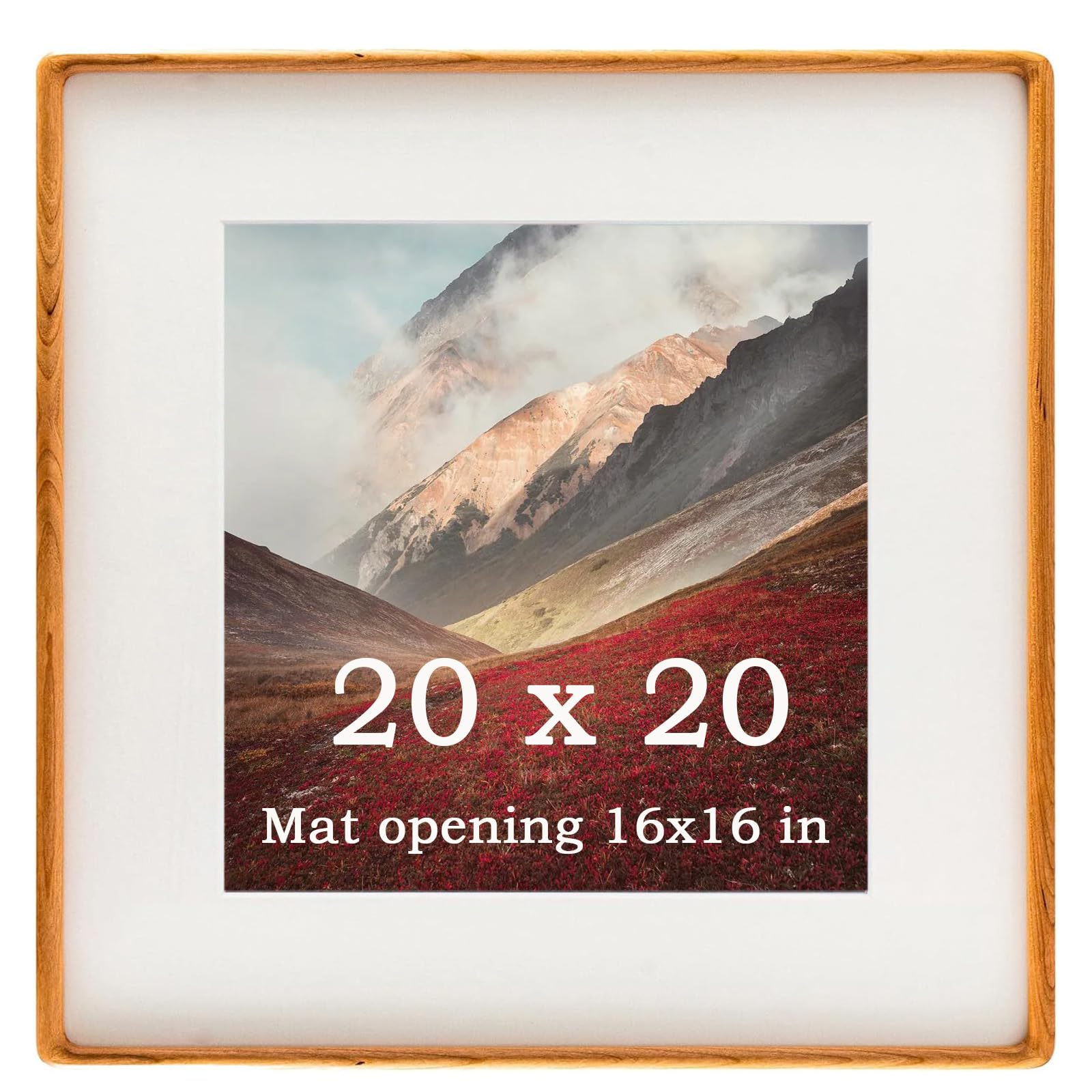 Zibrelte 20x20 Frame Natural, Solid Cherry Wood 20 x 20 Picture Frame with Mat for 16 x 16 Image, Wall Gallery Mounting Large Po