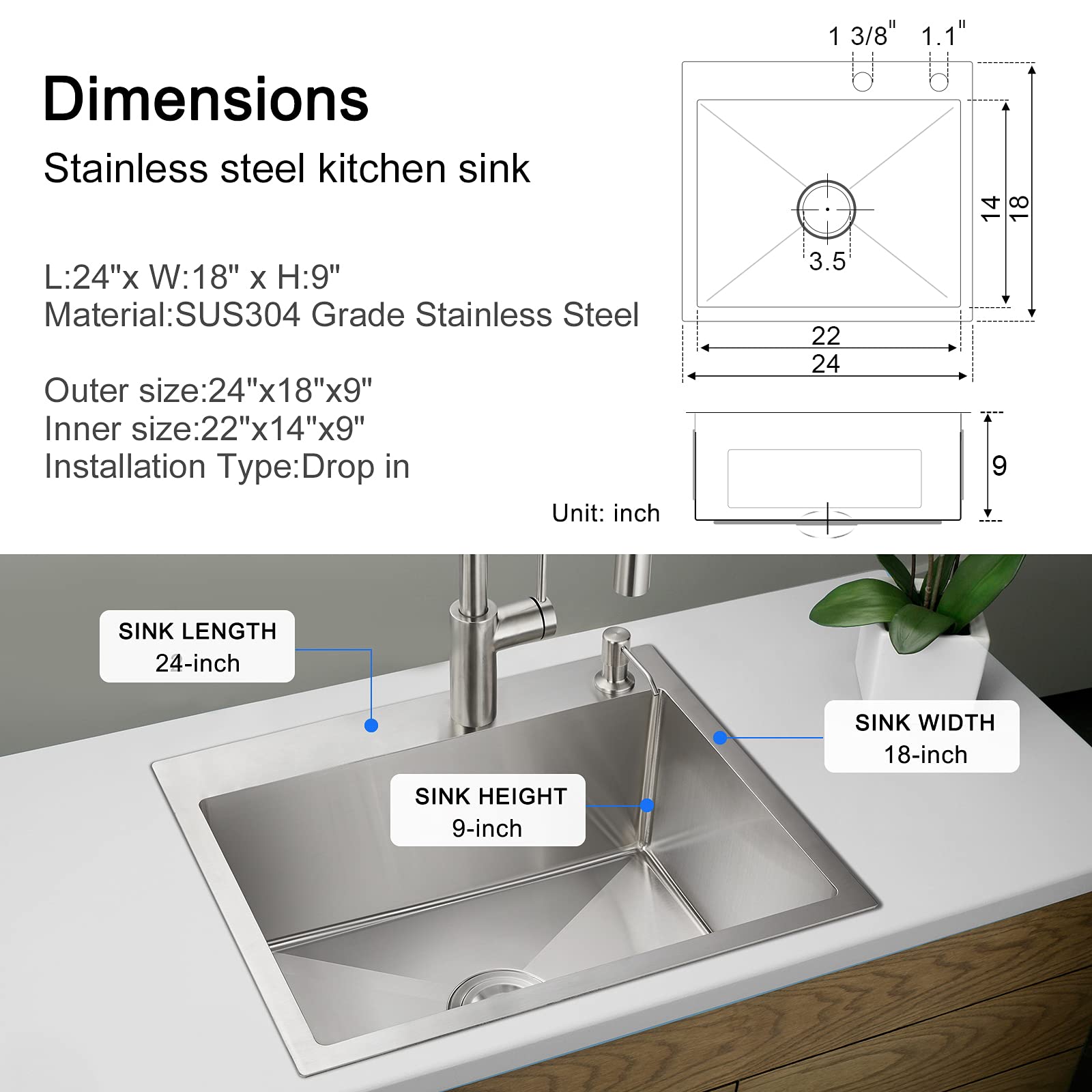 Menatt 24 Inch Drop-In Kitchen Sink, 304 Stainless Steel Topmount Handmade Residential Sink, Single Bowl Workstation Sink With D
