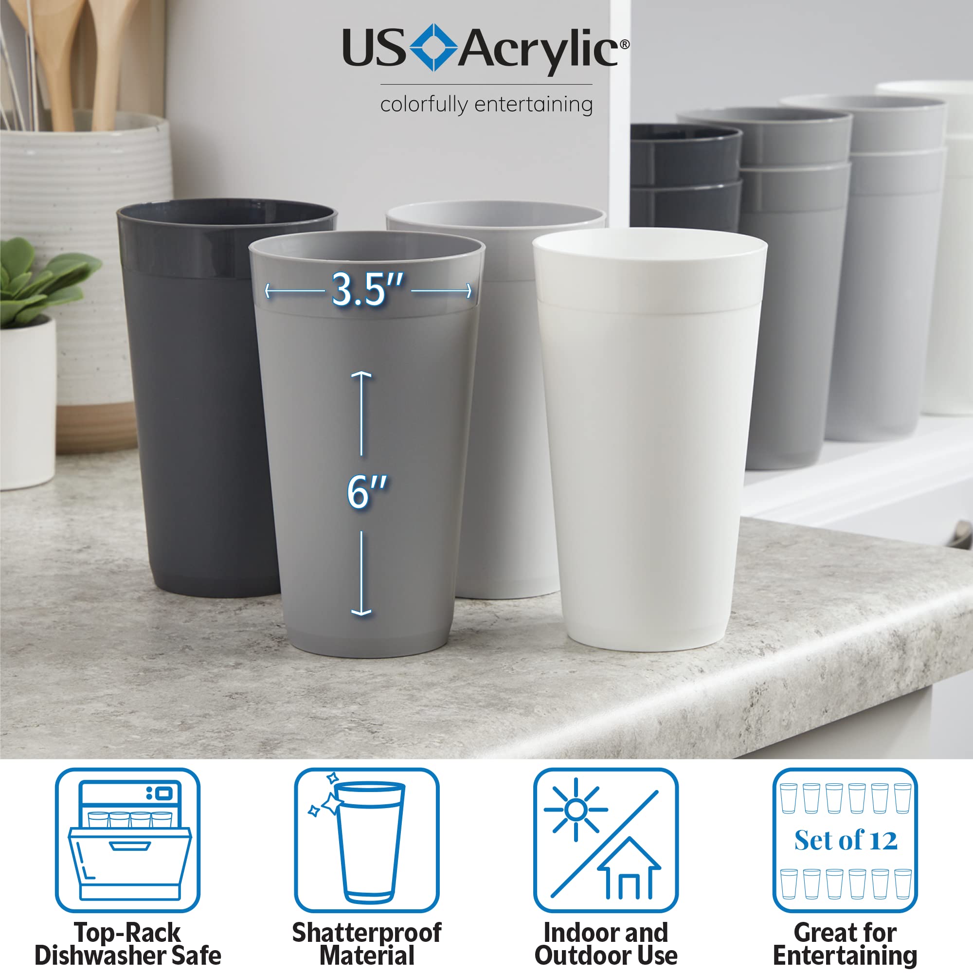 Us Acrylic Newport 20 Ounce Unbreakable Plastic Stackable Water Tumblers In Grey Stone | Set Of 12 Drinking Cups | Reusable, Bpa