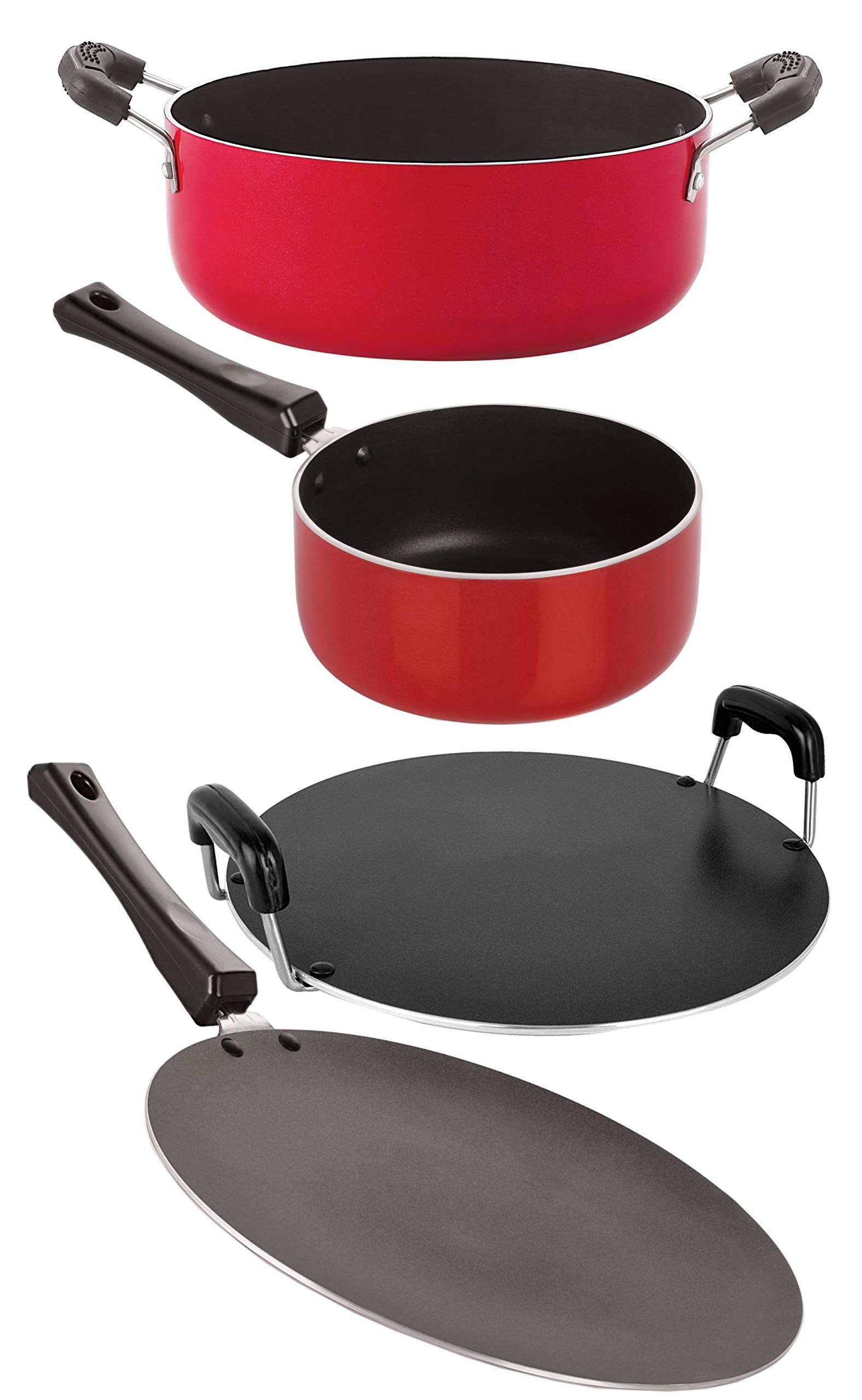 Nirlon NonStick Aluminium Cookware Gift 4 Pieces Set, Red (1 Concave Tawa 27.5Cm /1 Sauce Pan (M)1.2 Ltr/1 Round Tawa 28.5Cm/1 