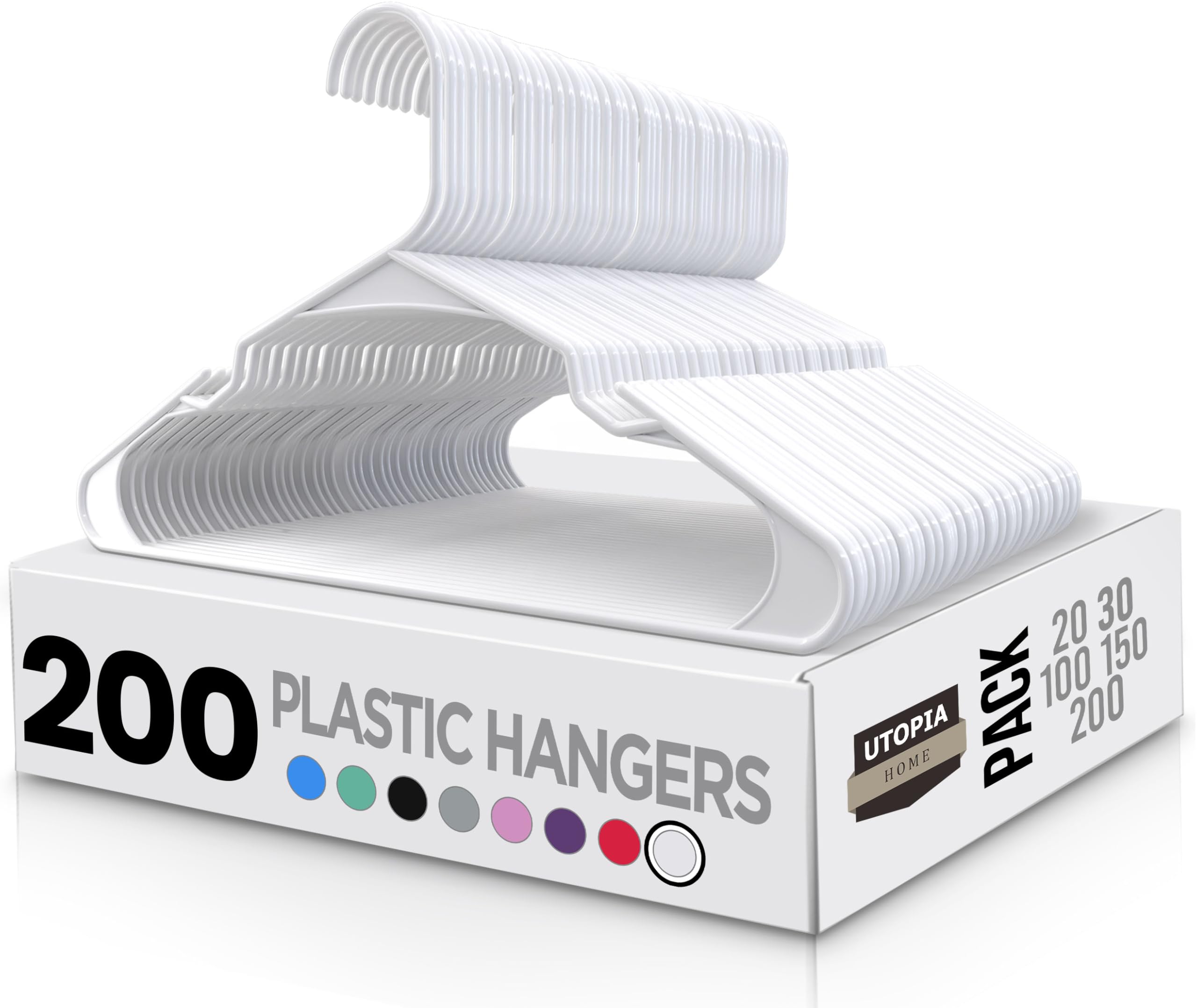Utopia Home Clothes Hangers 200 Pack - Plastic Hangers Space Saving - Durable Coat Hanger with Shoulder Grooves (White)