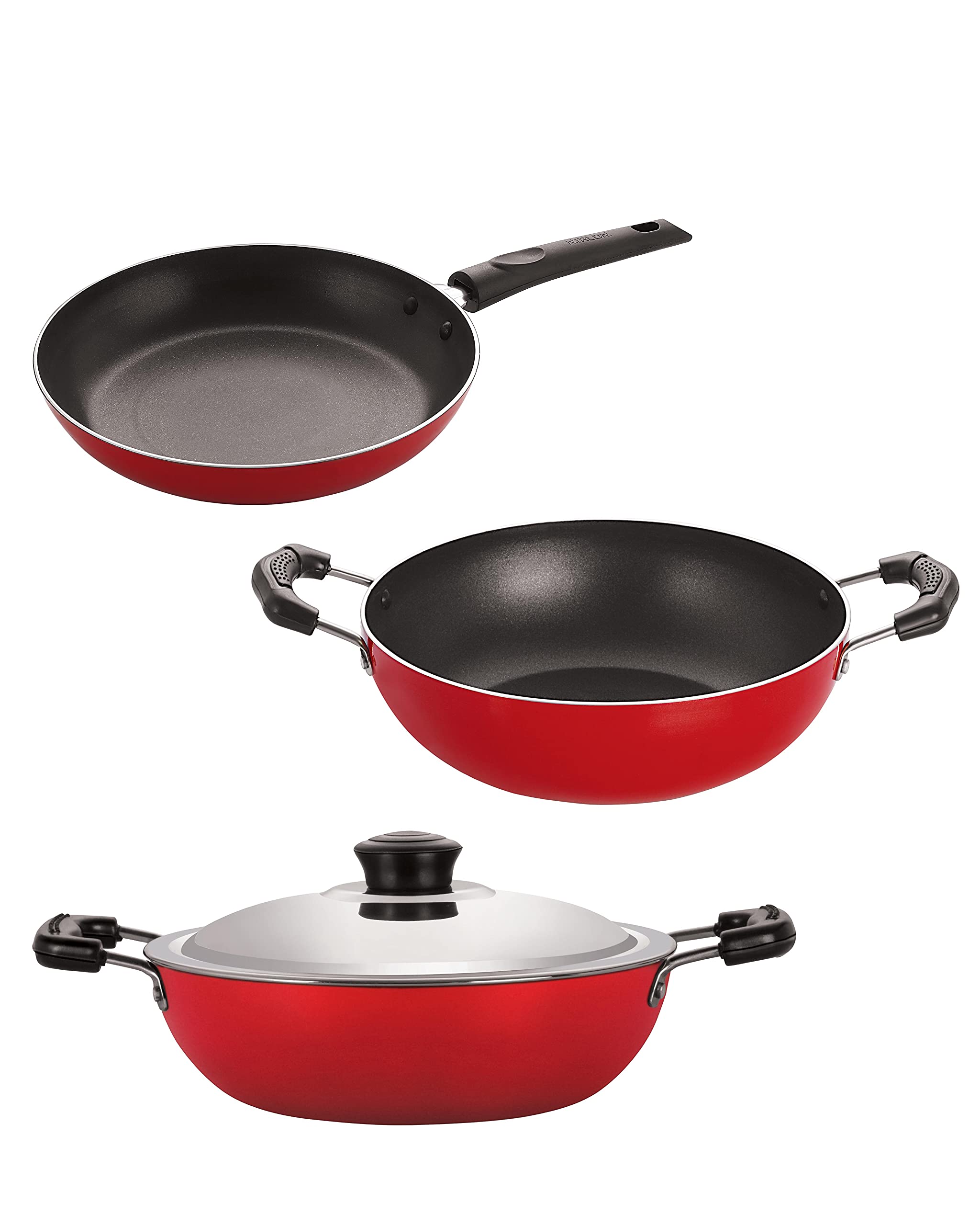 Nirlon Classic Range NonStick Cookware Silver Gift Set 3Pcs  (Kadai 2 Liter, Deep Kadai With Lid Medium 2.2 Liter, Tapper Pan 