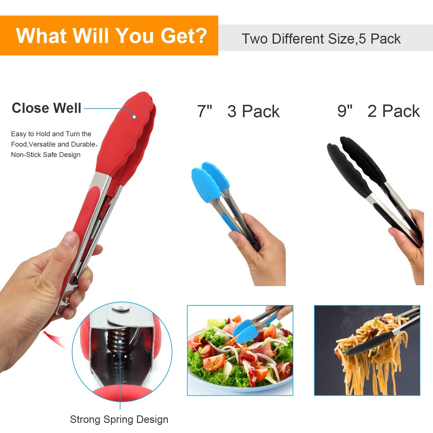 Kitchen Tongs With Silicone Tips - Fortomorrow Set Of 5, 7 9 Inch Premium Silicone Tipped Tongs For Cooking Heat Resistant, Serv
