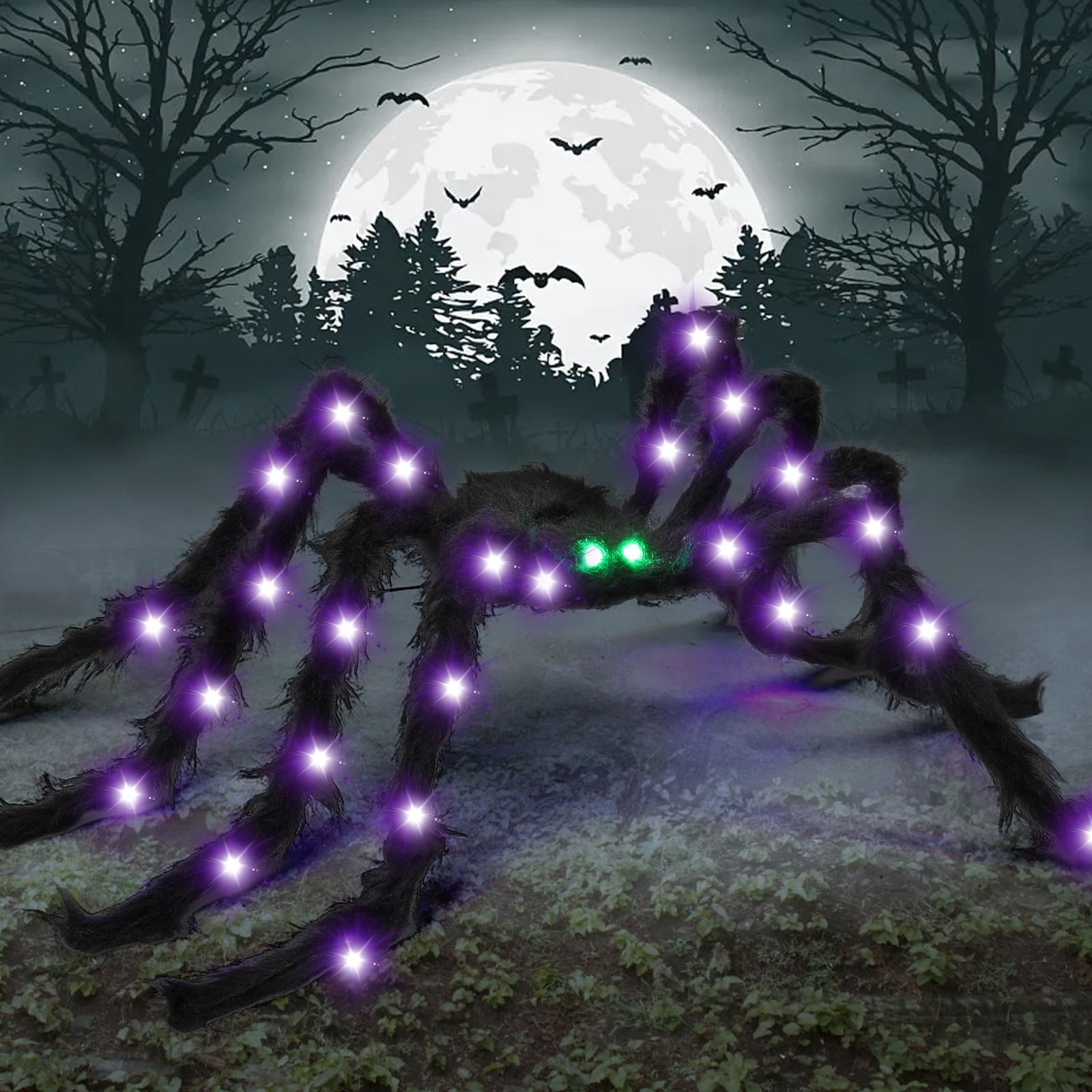 BEIGUO 6.6Ft Halloween Light Up Giant Spider,Scary Large Hairy Spider with Green Lighted Eyes for Yard Lawn Halloween Outdoor De