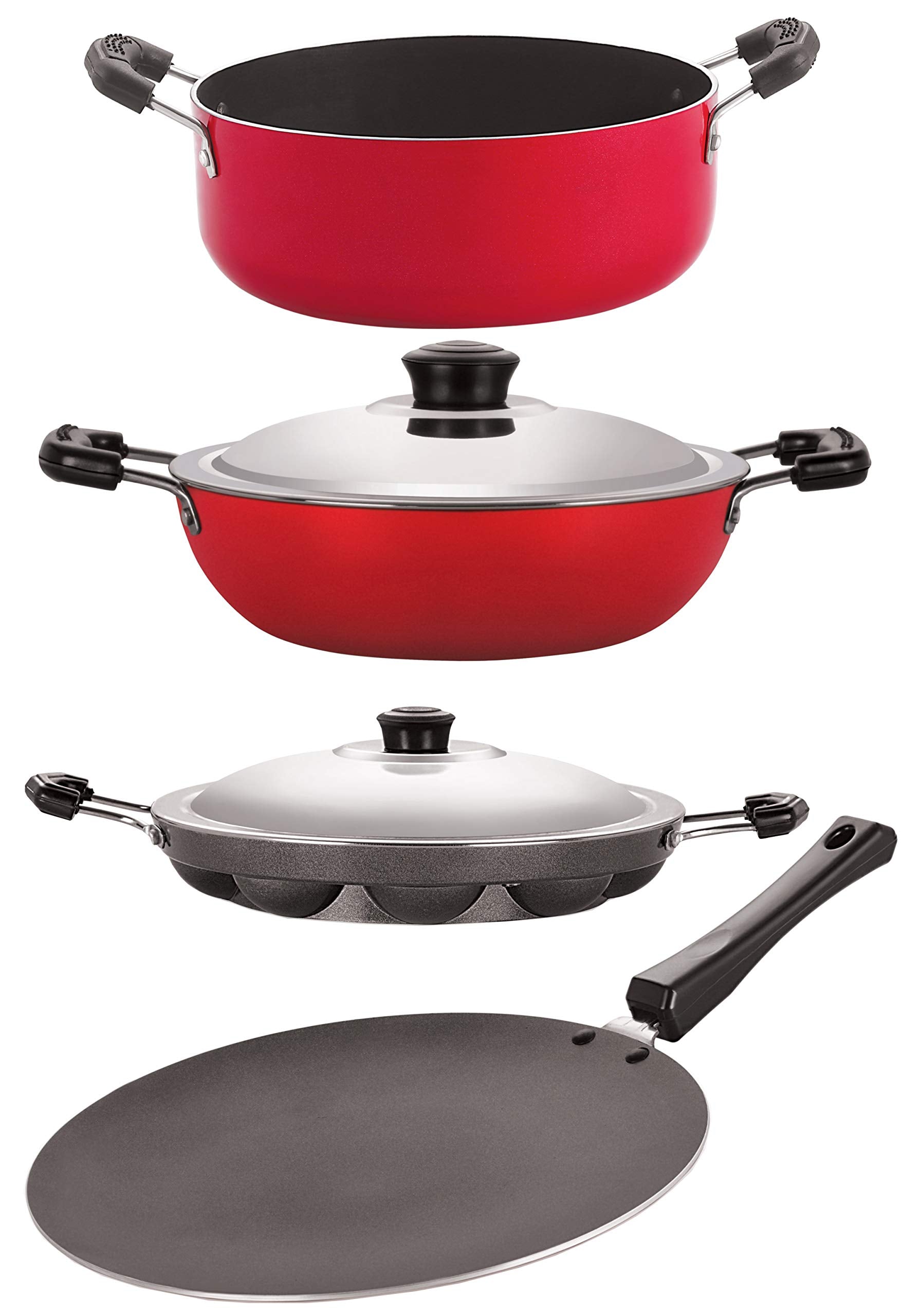 Nirlon Nonstick Aluminium Heat Resistance Cookware 4 Pieces Set With Bakelite Handle, Gas Compatible (Ct12_Dkd(J)_Ap12_Cs24)