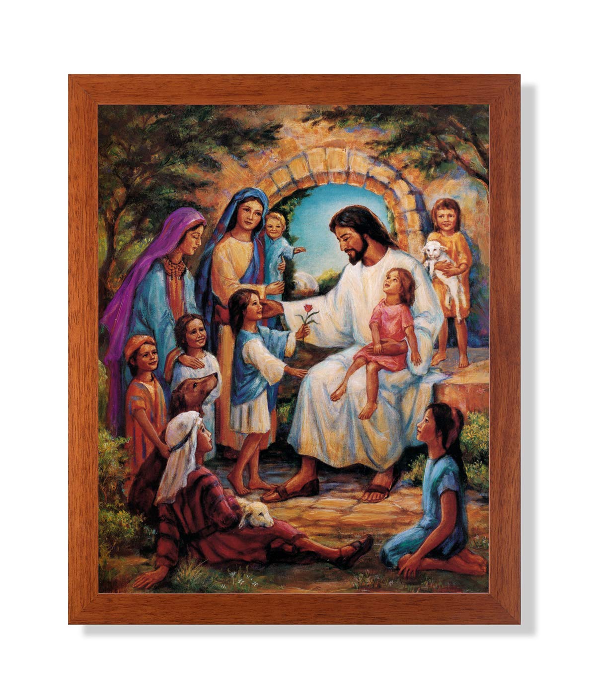 Jesus Christ With Children Art Print 16X20'' Honey Frame & Glass Great Gift For Kids