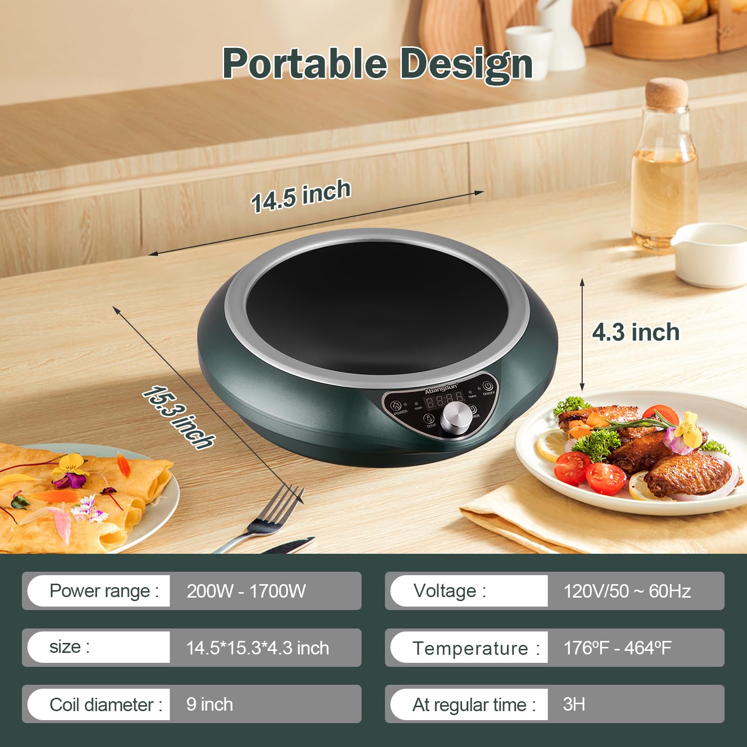 Abangdun Induction Wok Cooktop 1700W 120V Concave Induction Cooker Wok Burner(Authentic 13.4-Inch 304 Stainless Steel Cooking Wo