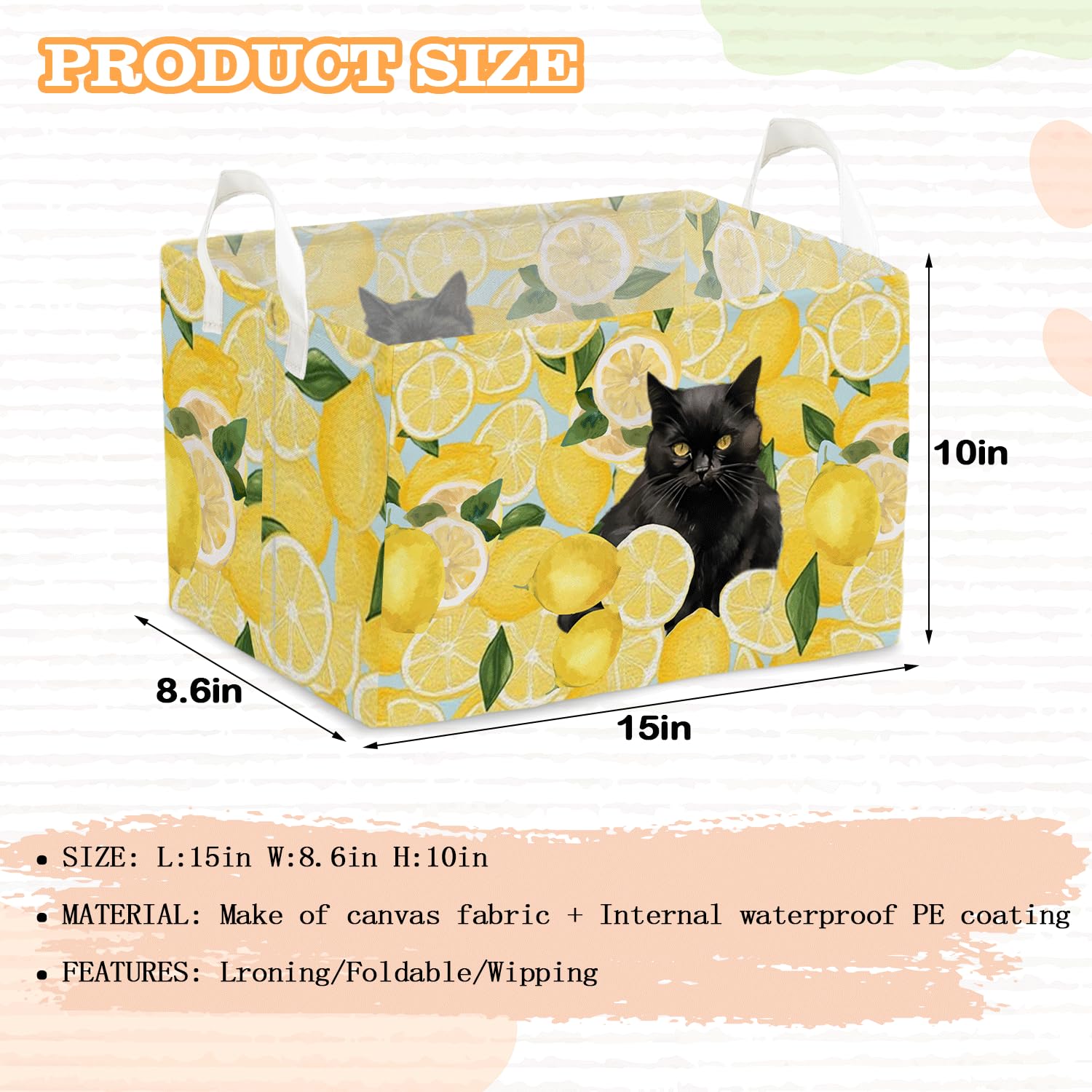 Black Cat Yellow Lemon Laundry Storage Basket, Waterproof Collapsible Hamper With Handles, Dirty Clothes Tote For Laundry Bathro