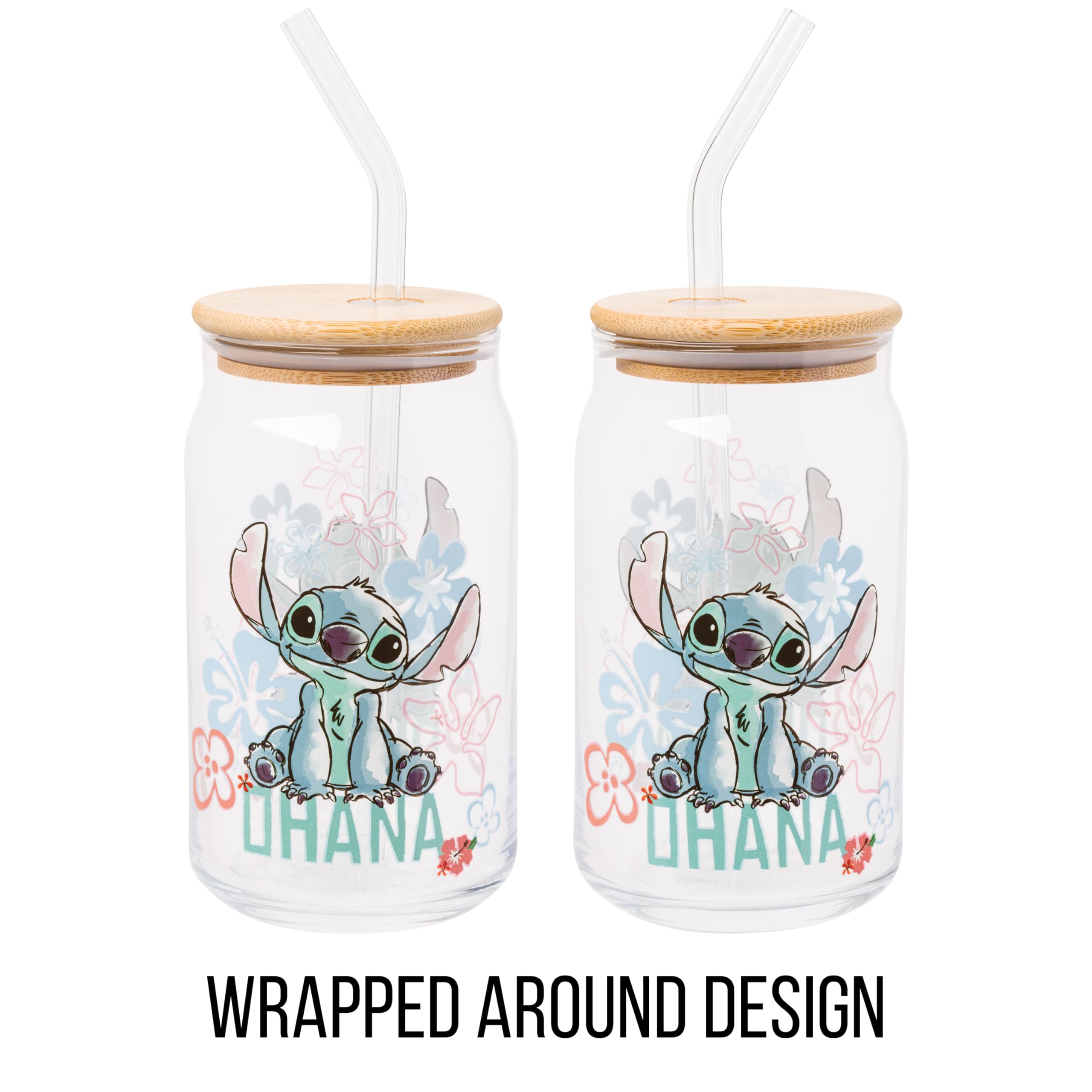 Silver Buffalo Disney Lilo And Stitch Ohana Glass Tumbler With Bamboo Lid And Reusable Glass Straw Featuring Stitch Sitting, 16