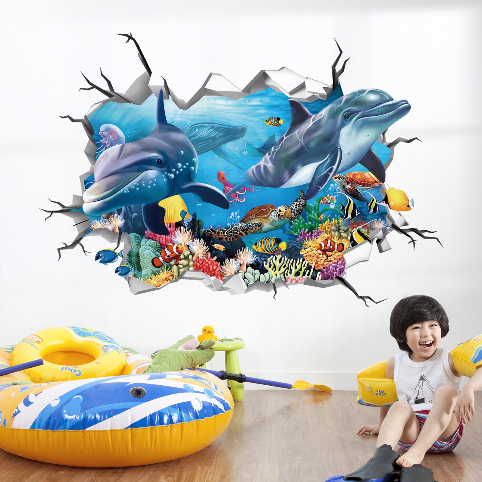 Decalmile 3D Under The Sea Dolphin Fish Wall Decals Ocean Turtle Seaweed Broken Wall Stickers Boys Bedroom Living Room Bathroom