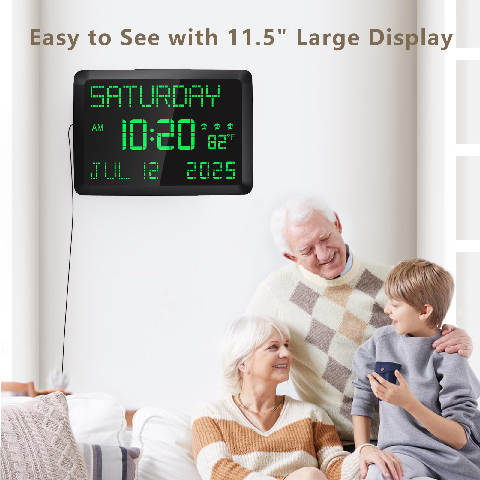 Raynic Day Clock, 11.5 Large Display Calendar Clock with Day and Date, Indoor Temperature, Adjustable Brightness, Snooze,12/24H,