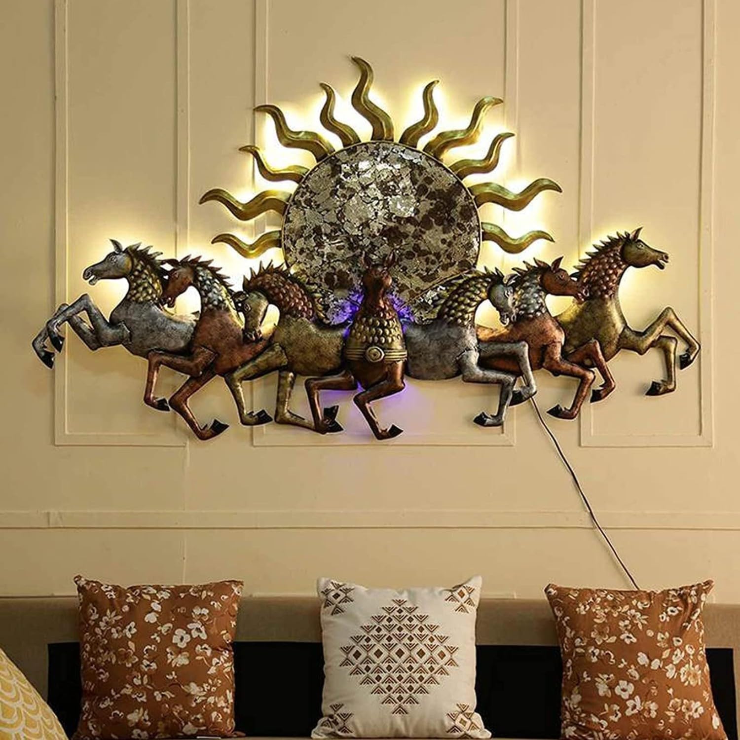 HANSART 48 Inches 7 Horses with Sun Metal Wall Art with Led Light, Wall Decor for Home or Office