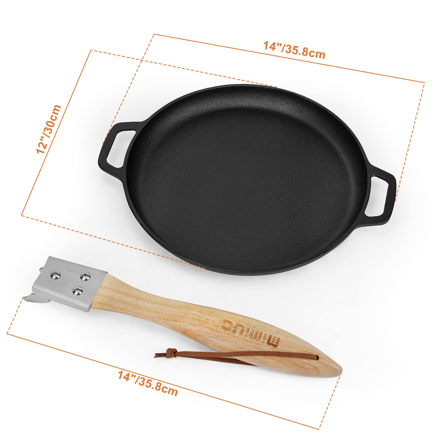 Mimiuo Cast Iron Sizzler Pan For Pizza Oven And Grill, 12 Inch Round Fajita Grill Skillet Pan Japanese Steak Plate With Removabl