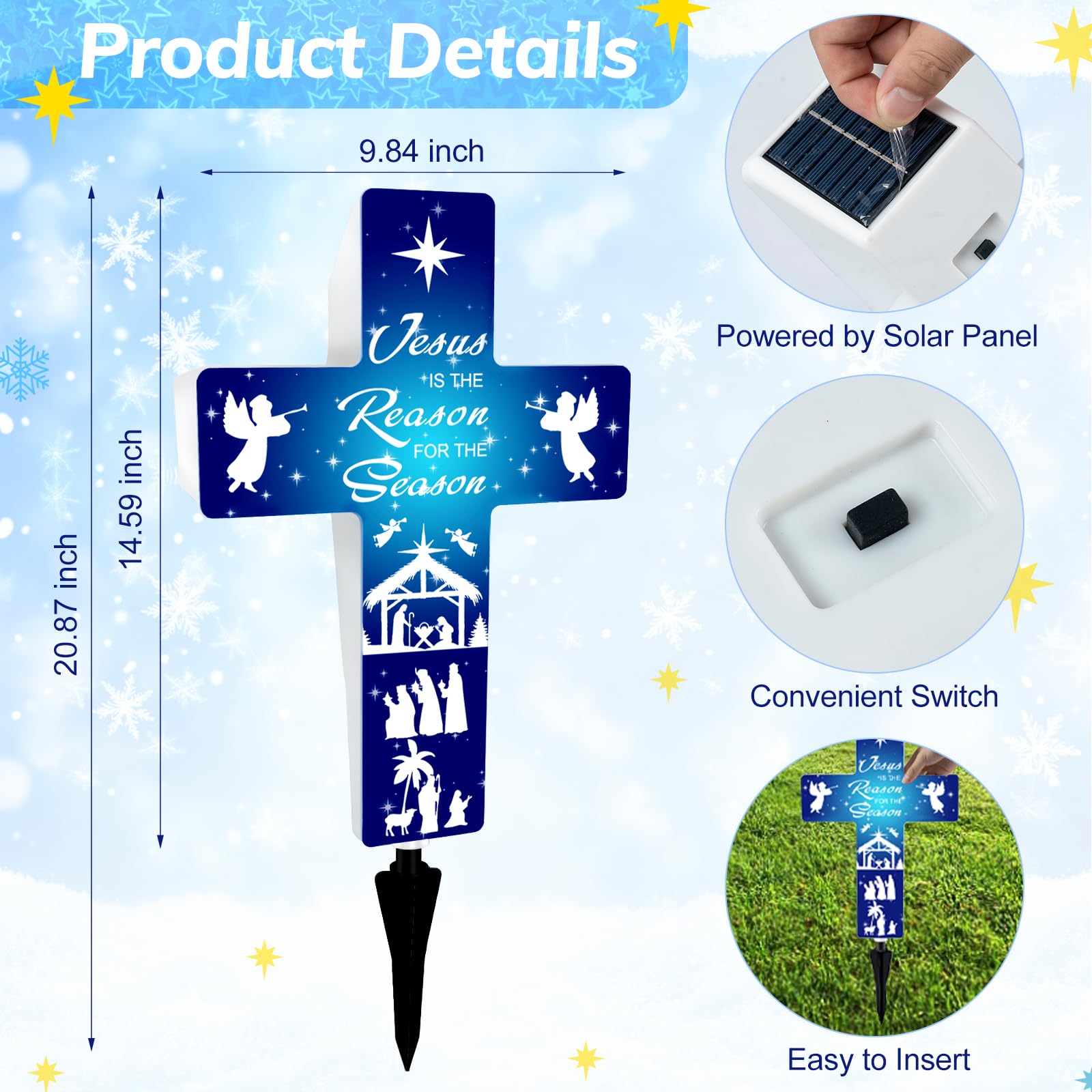LawnIdyll Jesus is The Reason for The Season Solar Stake, Cross Shaped Nativity Scene Outdoor Decor Holy Night Lighted Religious