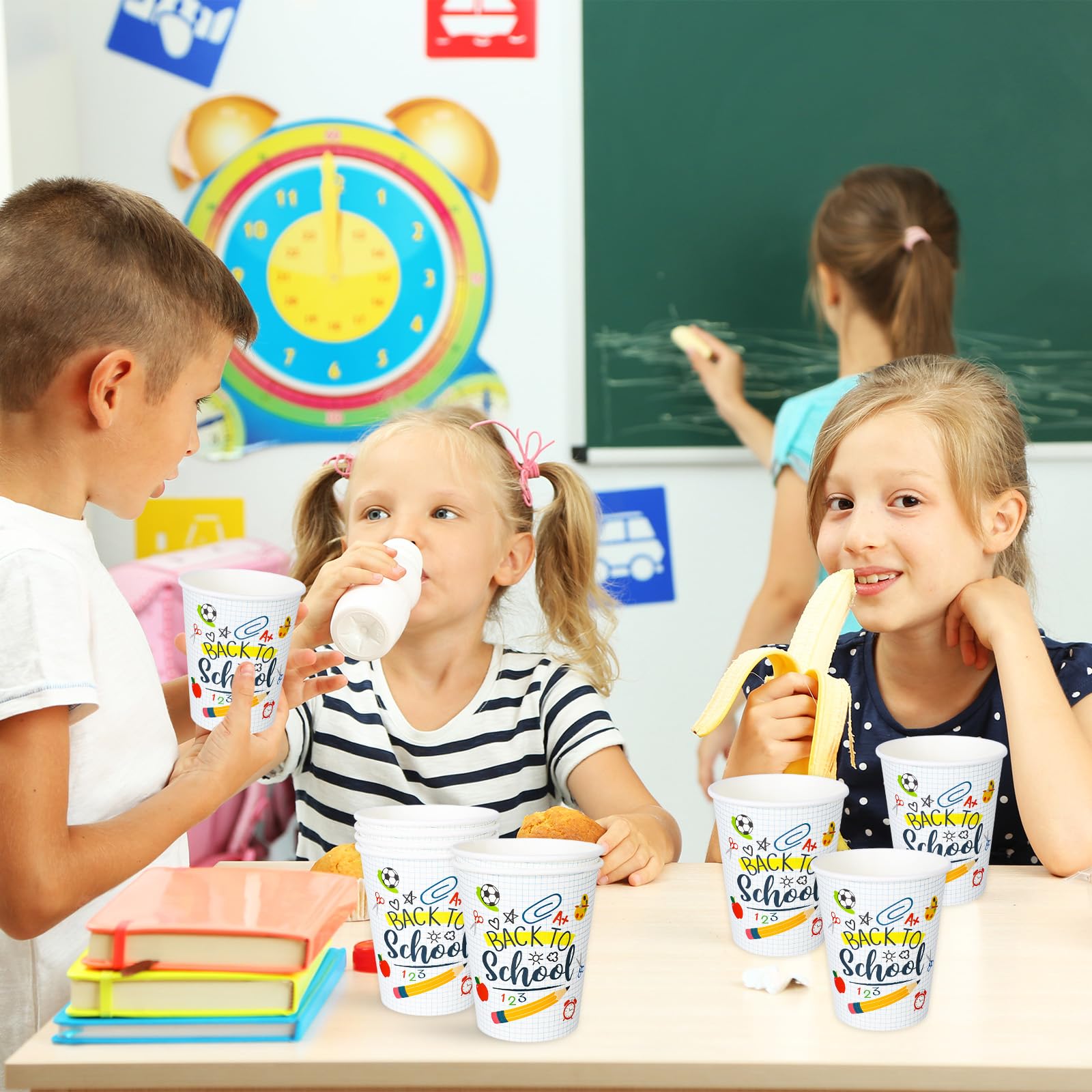 Whaline 50Pcs Back To School Party Paper Cups Funny Cartoon Disposable Cups Bulk First Day Of School Party Decorative Cups For C