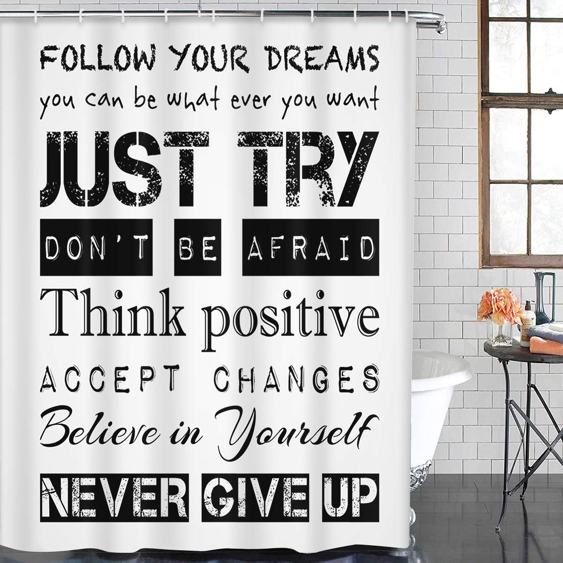 Emvency Black Positive Shower Curtain Quotes Inspirational Motivational Teen Follow Your Dreams Just Try Never Give Up Kids Boys