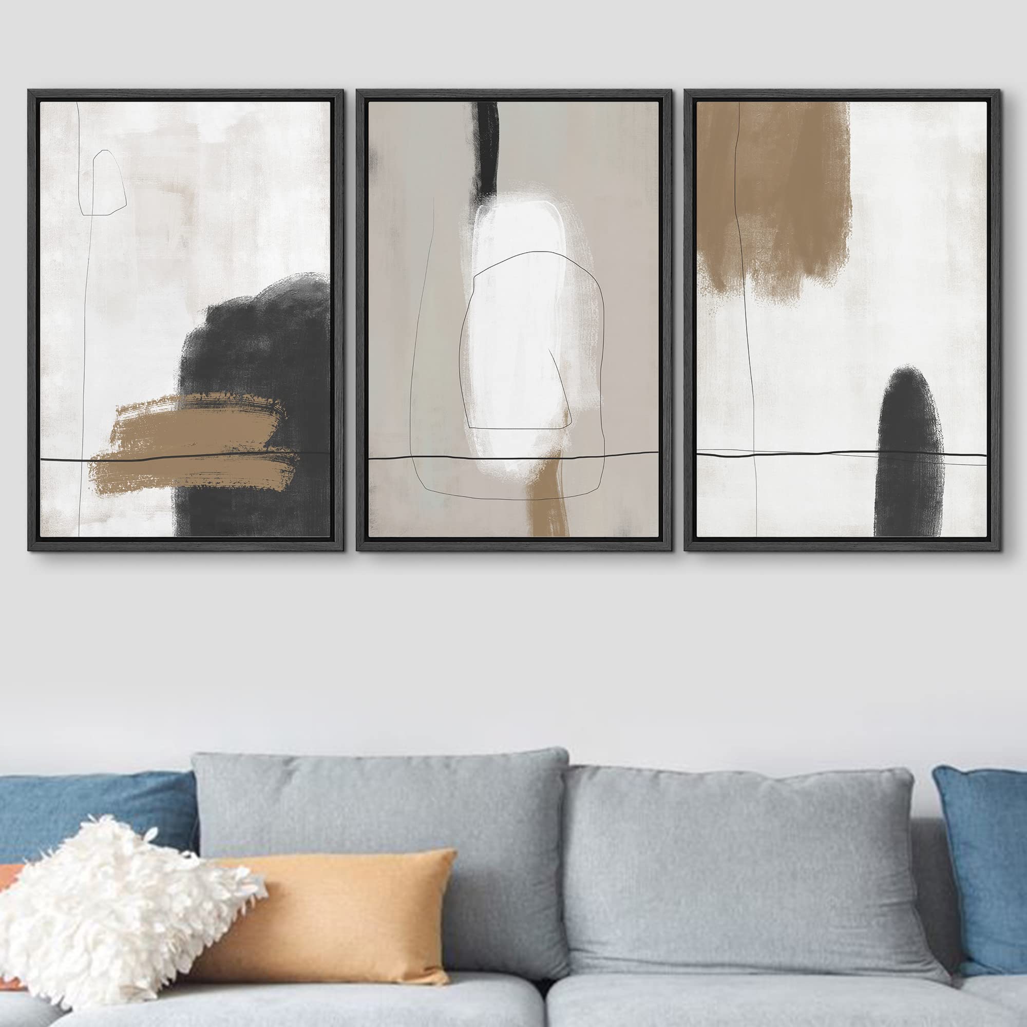 Signford Framed Canvas Print Wall Art Set Grunge Brown White Paint Strokes Abstract Shapes Illustrations Modern Art Bohemian Nor