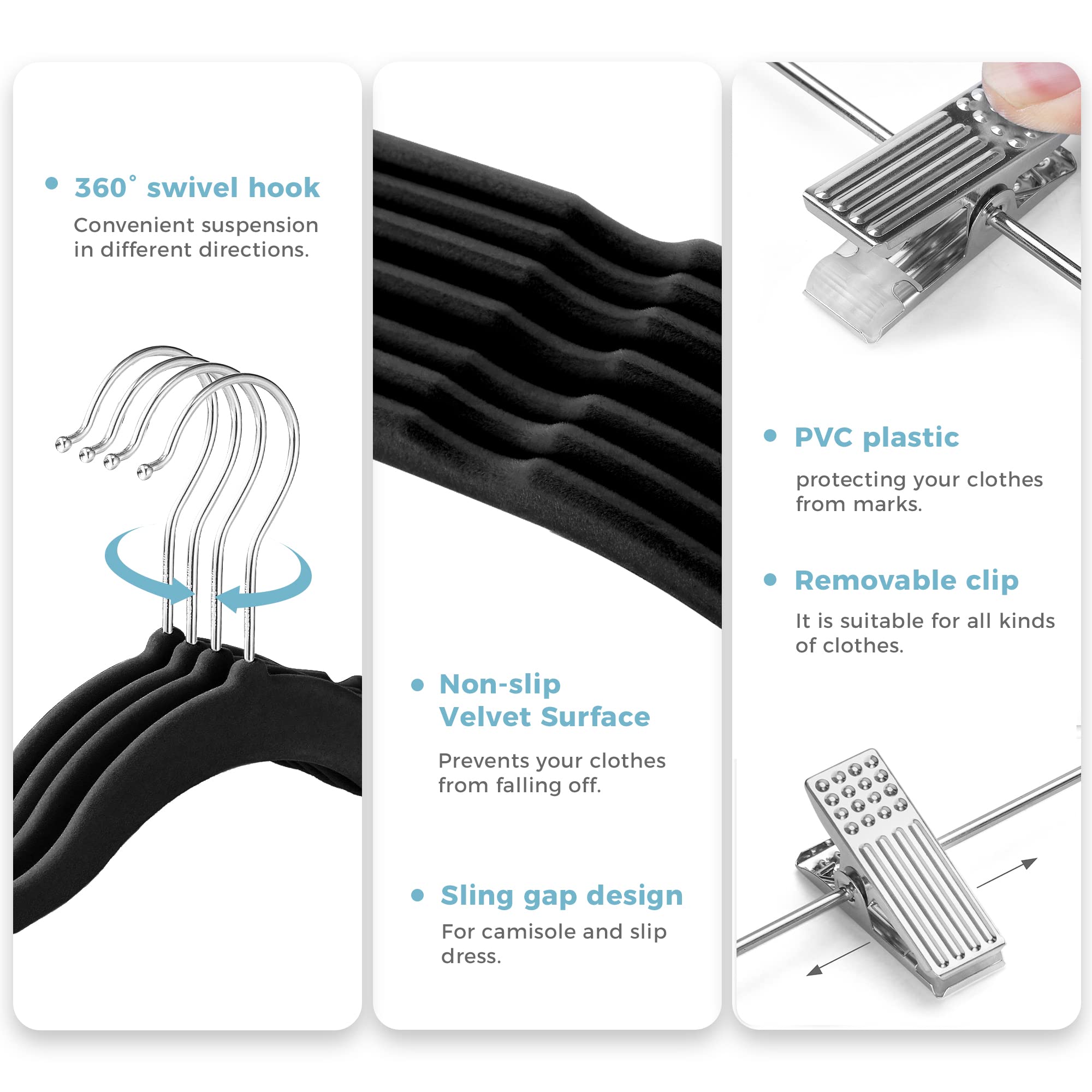 HOUSE DAY Velvet Skirt Hangers 24 Packs Velvet Hangers with Clips Ultra Thin Non Slip Velvet Pants Hangers Space Saving Clothes Hangers for Skirts  Pant  Jeans (Black)