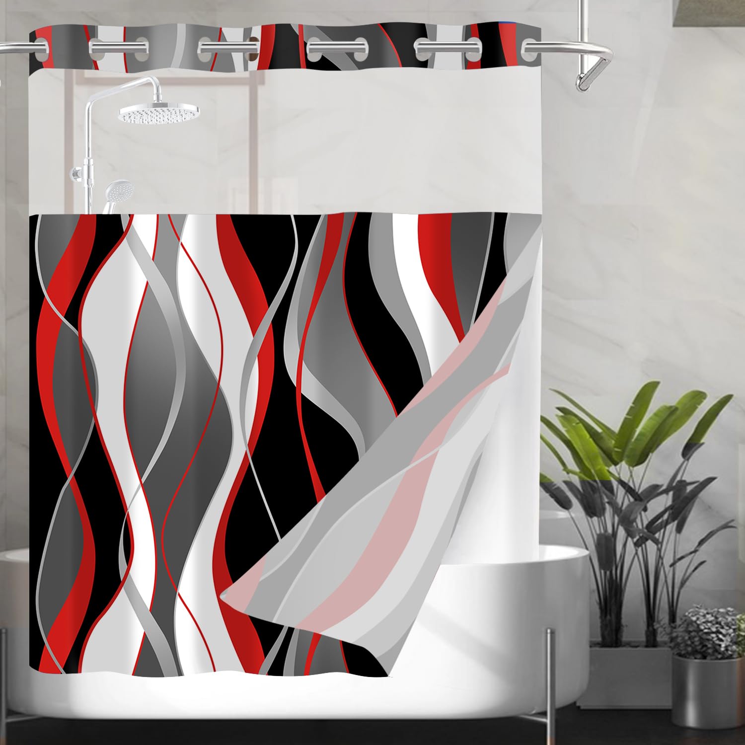 Nkzply No Hook Shower Curtain And Liner Set Red Striped Shower Curtain With Snap In Liner Fabric Shower Curtain With Liner Moder