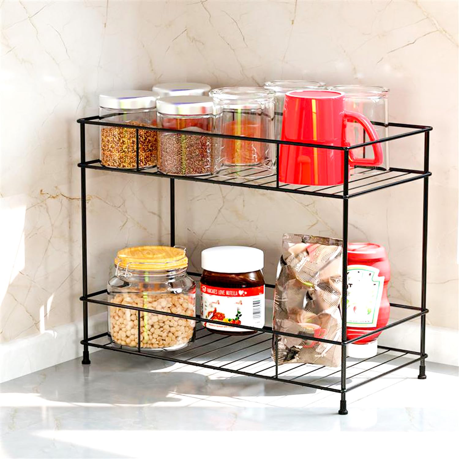 Wonderstand Nexa| 2Tier Standing Spice Rack Storage Organizer, Countertop Storage Shelf Organizer For Home And Kitchen (Black),