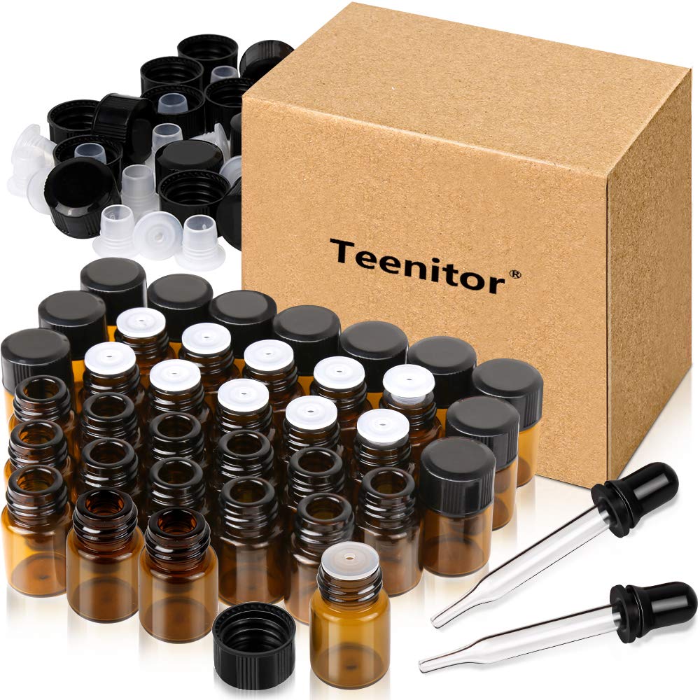 Teenitor Oil Bottles For Essential Oils, 36 Pcs 2 Ml (5/8 Dram) Amber Glass Vials Bottles, With Orifice Reducers And Black Caps,