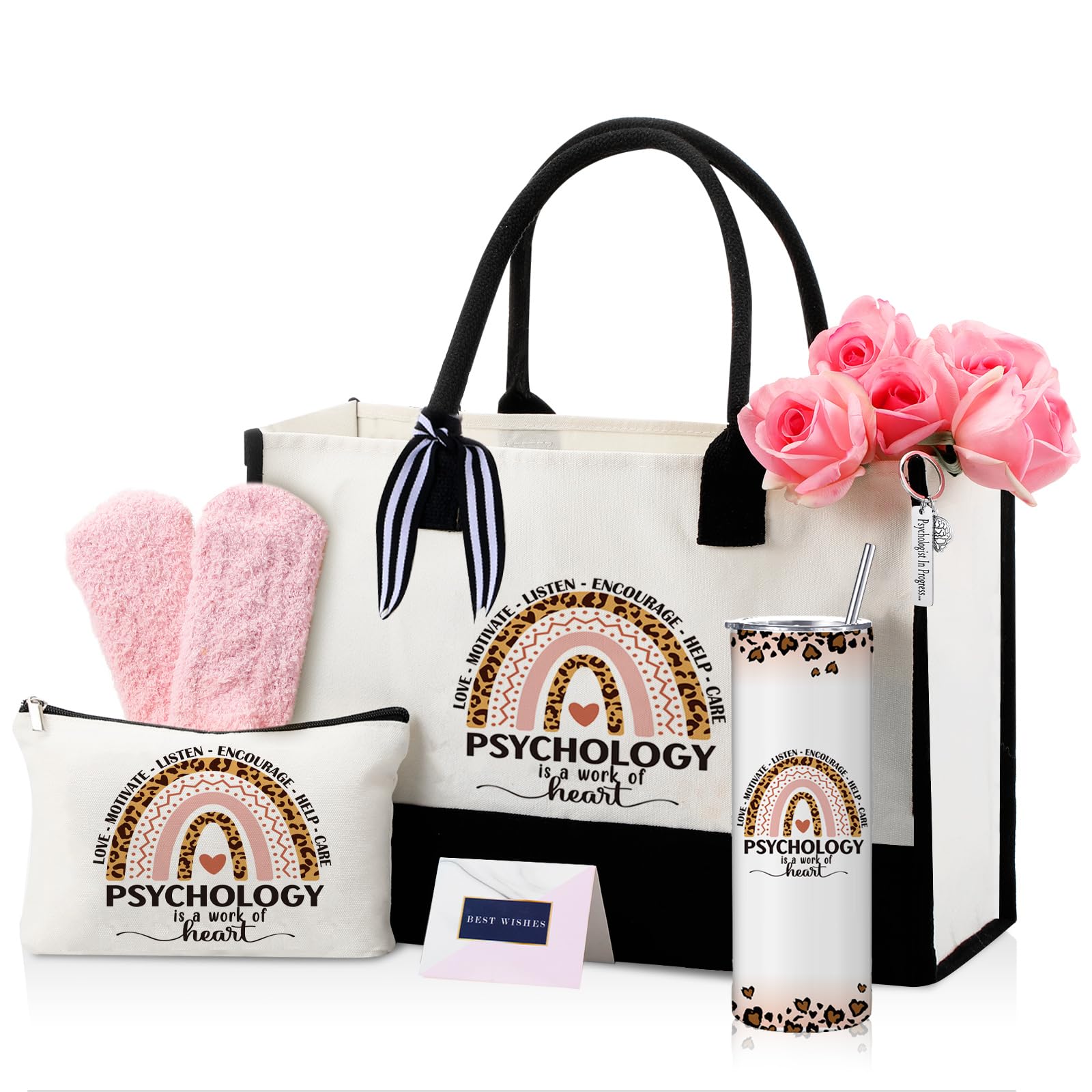 Geiserailie 8 Pcs Psychology Therapist Gifts for Women Including Large Tote Bag Cosmetic Bags Tumbler Cup Plush Socks Metal Keyc