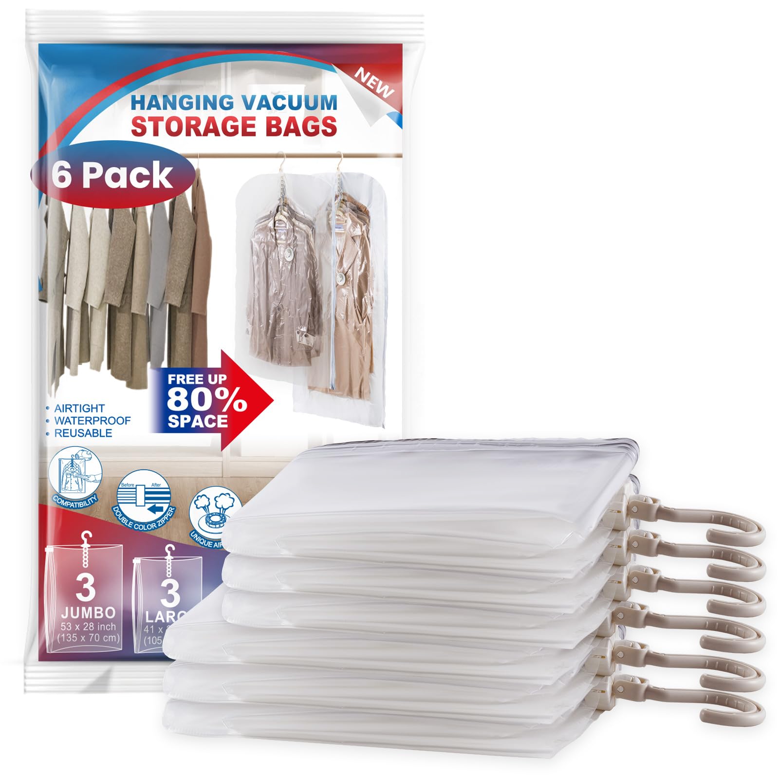 Hanging Vacuum Storage Bags  6 Pack Large Hanging Space Saver Bags  Hanging Vacuum Sealed for Clothes Suits Dress Jackets for Moving Supplies(3 Long  3 Short)