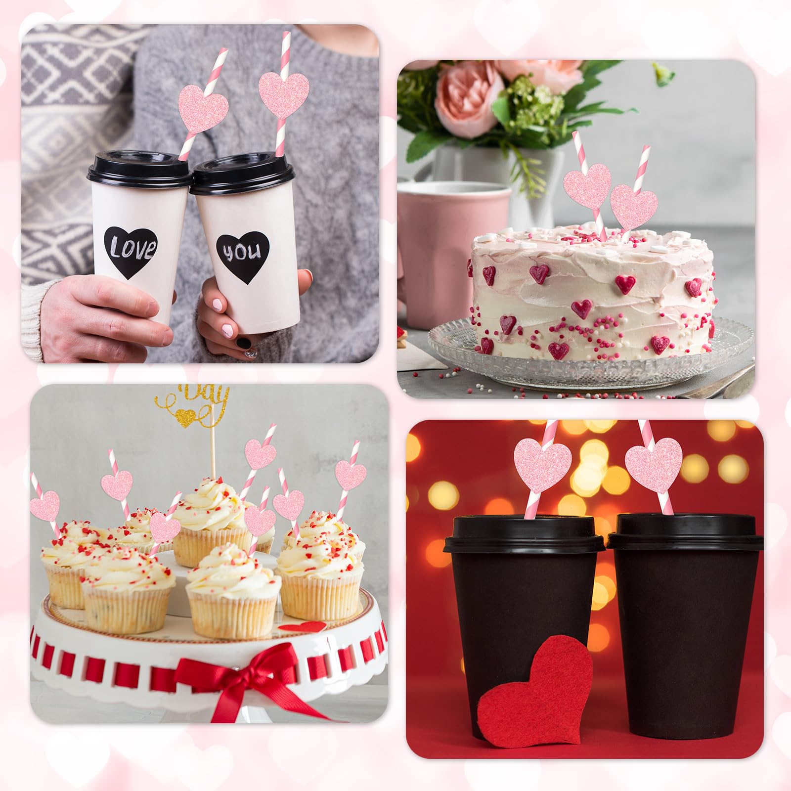 Whaline 60Pcs Valentine'S Day Paper Straws Pink Striped Drinking Straws With 60Pcs Glitter Pink Heart Slices Valentines Party Di