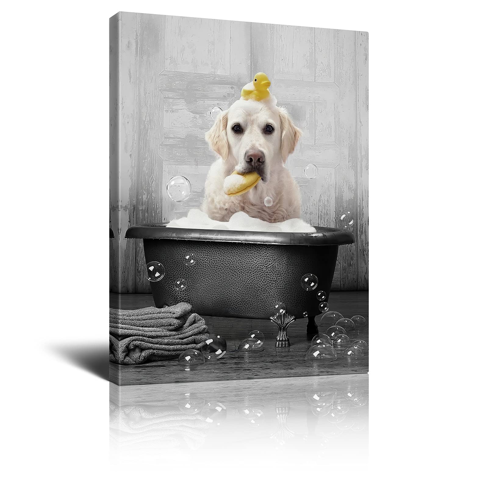 Kuphsod Dog In Bathtub Canvas Wall Art Black And White Animals Bathroom Decor Print Painting Funny Bathtub Labrador Pictures Mod