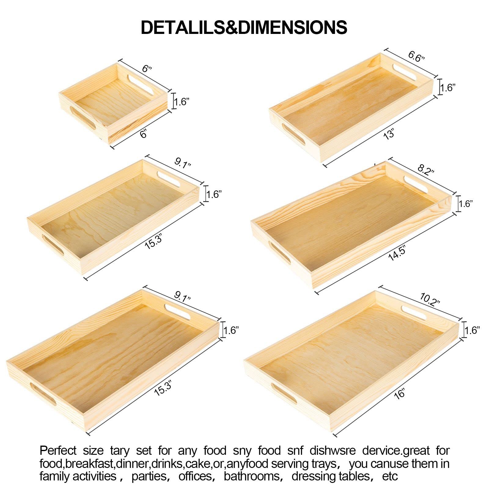7Pcs Wooden Nested Serving Trays Set - Rectangular Shape Unfinished Wood Kitchen Nesting Food Trays With Handle For Coffee, Serv