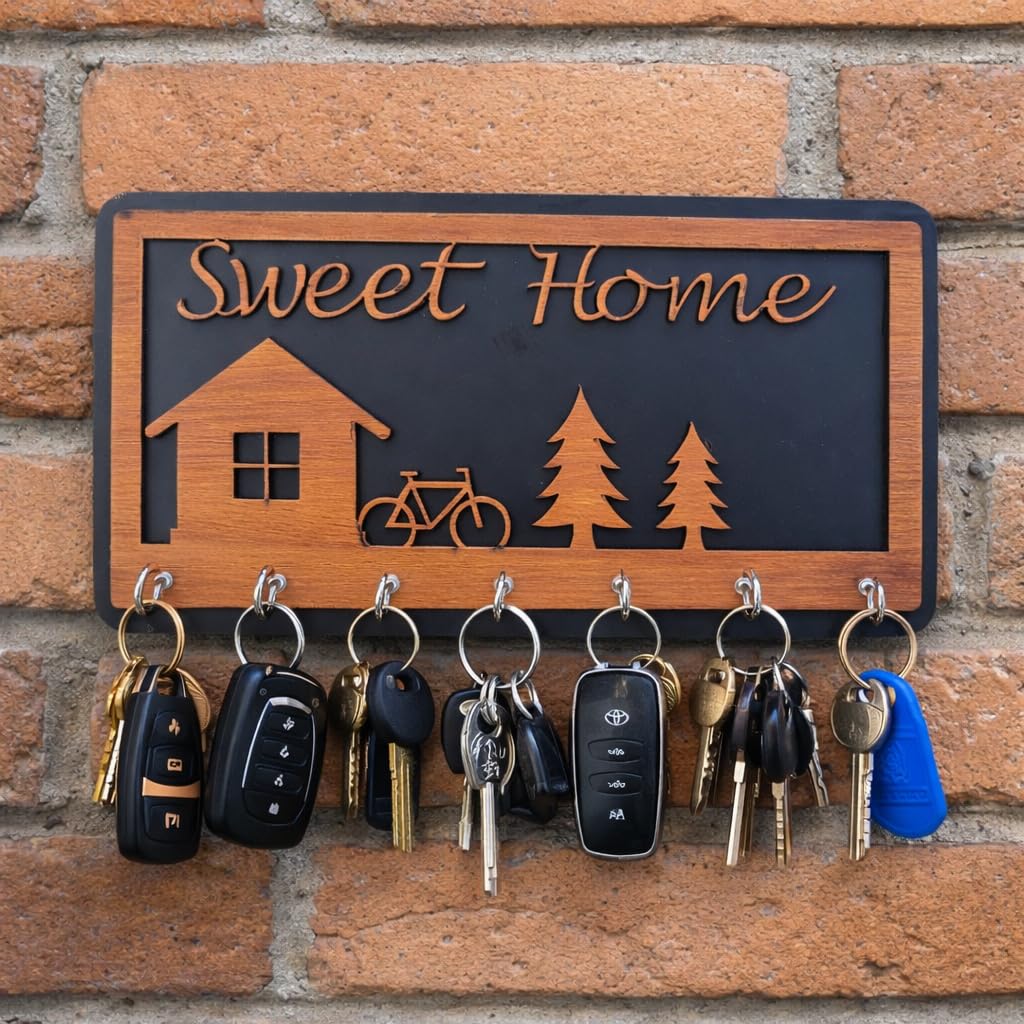 Arthav Sweet Home Wall Mounted Key Holder with 7 Hooks, House Design, Wood, Black and Yellow, Modern Style, 28x14 cm