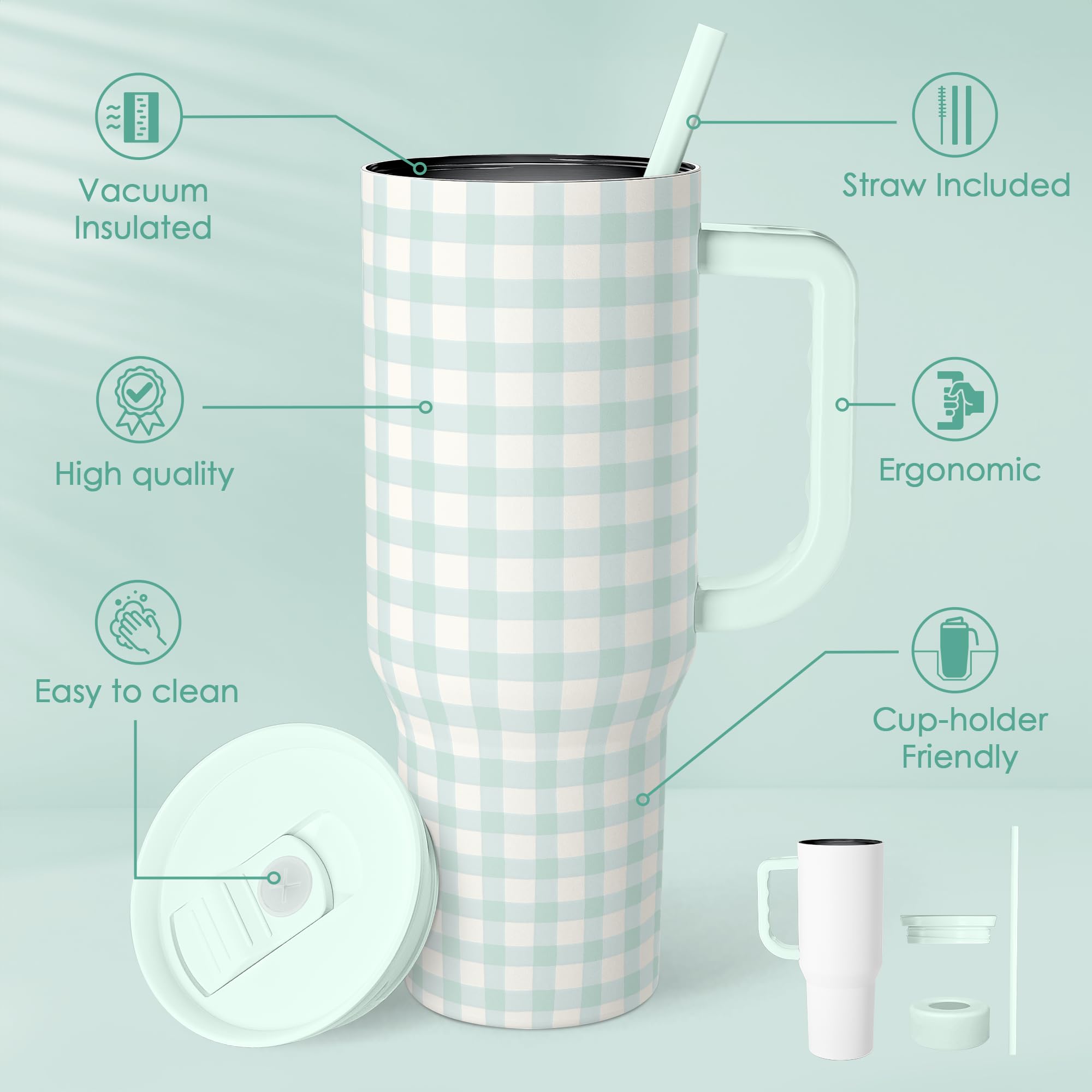 Mint Gingham 40oz Slider Tumbler with Handle and Straw - Insulated Stainless Steel Travel Coffee Mug for Women Girls, Gift for B