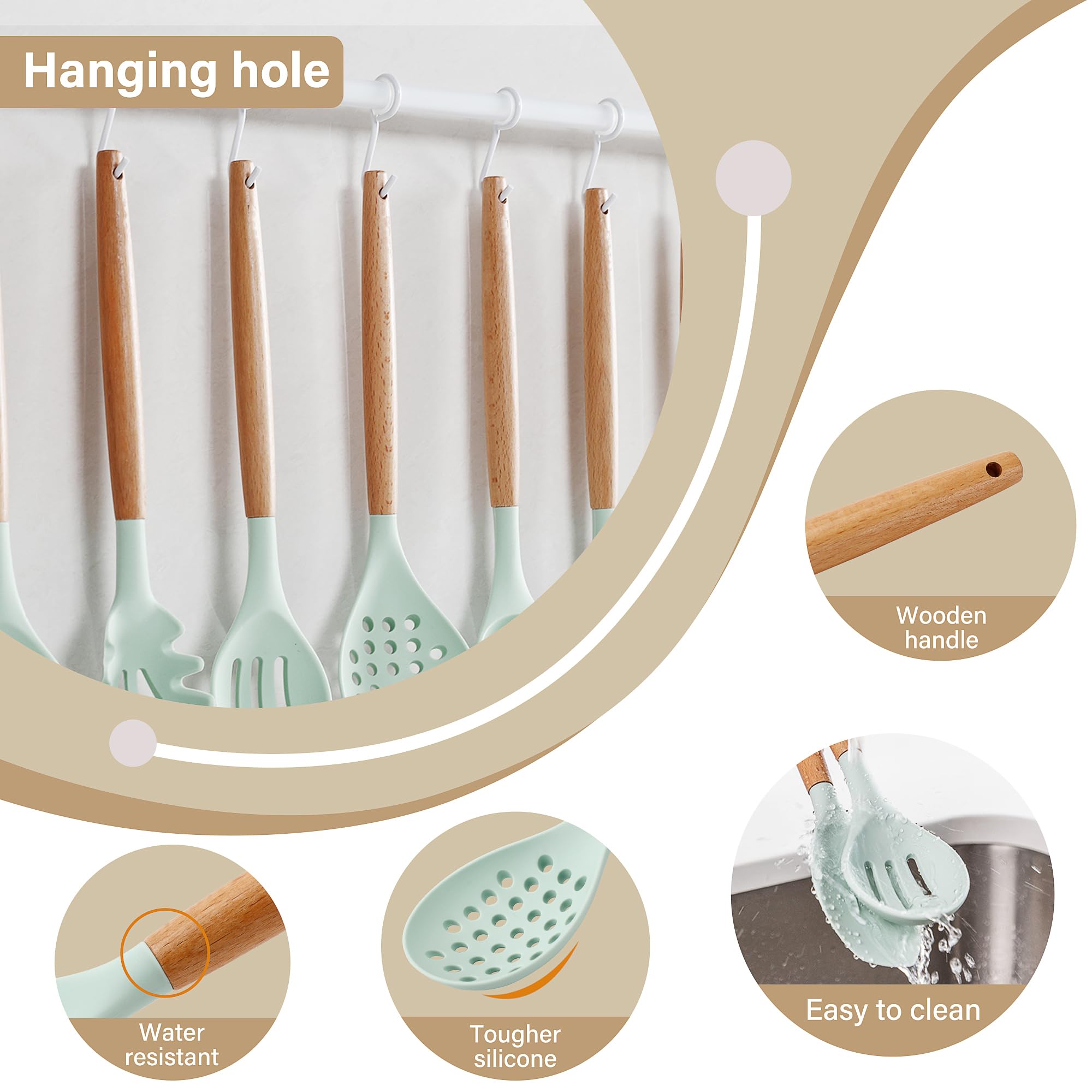 Ncue Kitchen Utensils Set, 26 Pcs Bpa Free Non-Stick Silicone Cooking Kitchen Utensils Set With Holder, Wooden Handle Heat Resis