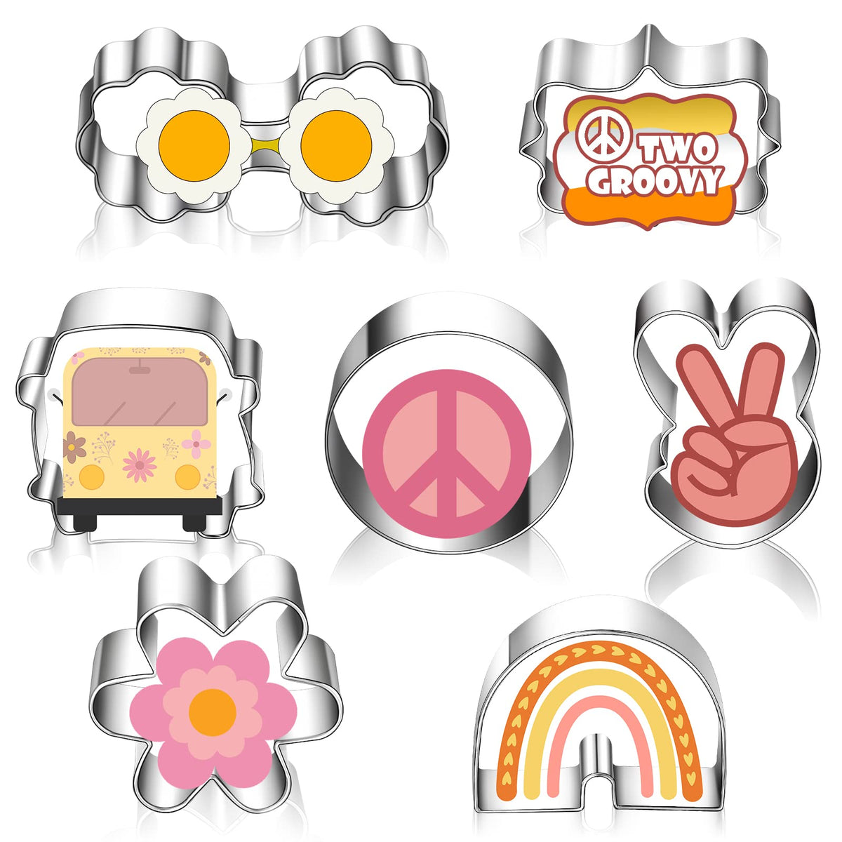 7 Pcs Mini Two Groovy Cookie Cutters Set, Hippie Cookie Cutter Peace Cookie Molds Stainless Steel Biscuit Cutter Diy, Small Flow