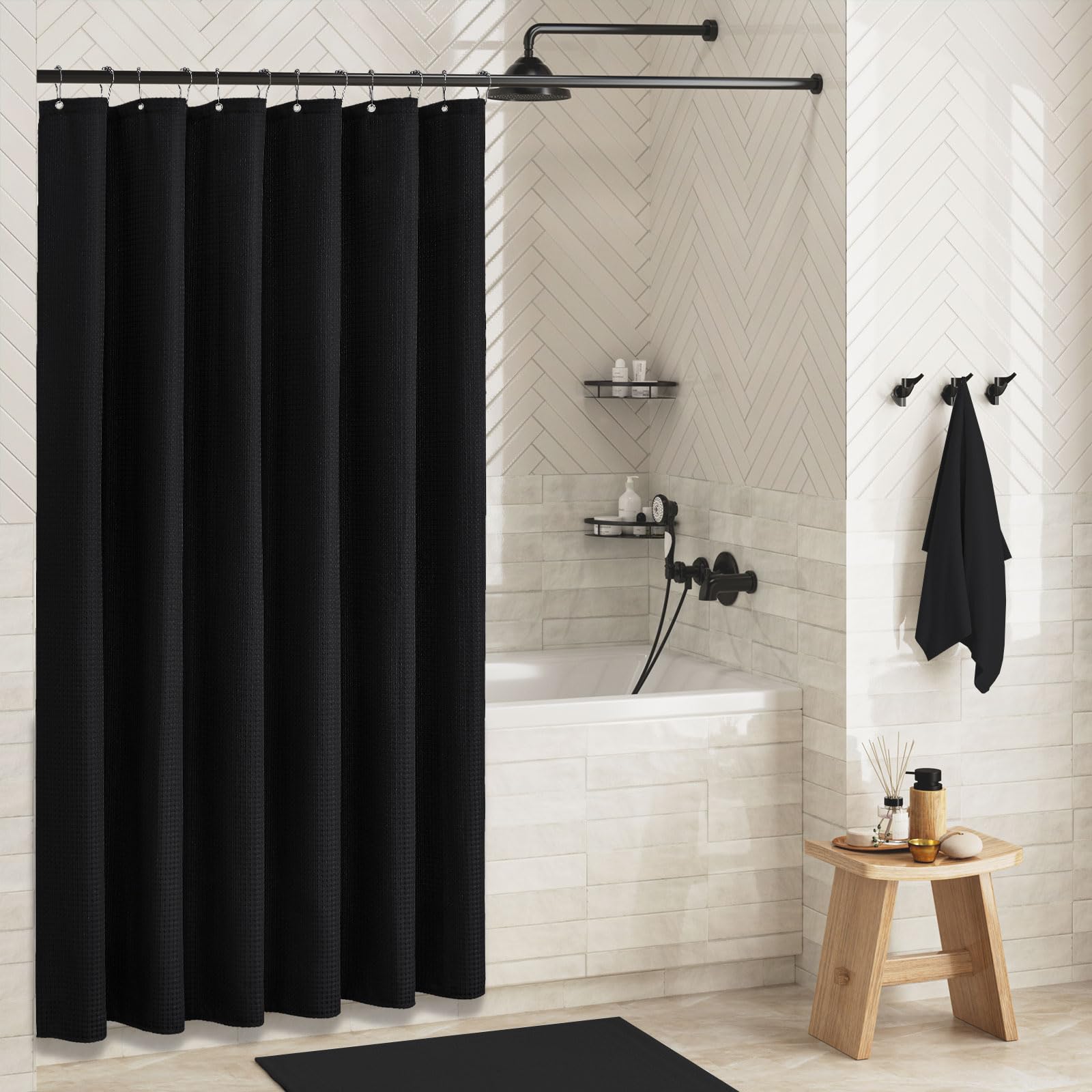 Dynamene Black Fabric Shower Curtain - Waffle Textured Heavy Duty Cloth Curtains For Bathroom, 256Gsm Hotel Spa Luxury Weighted