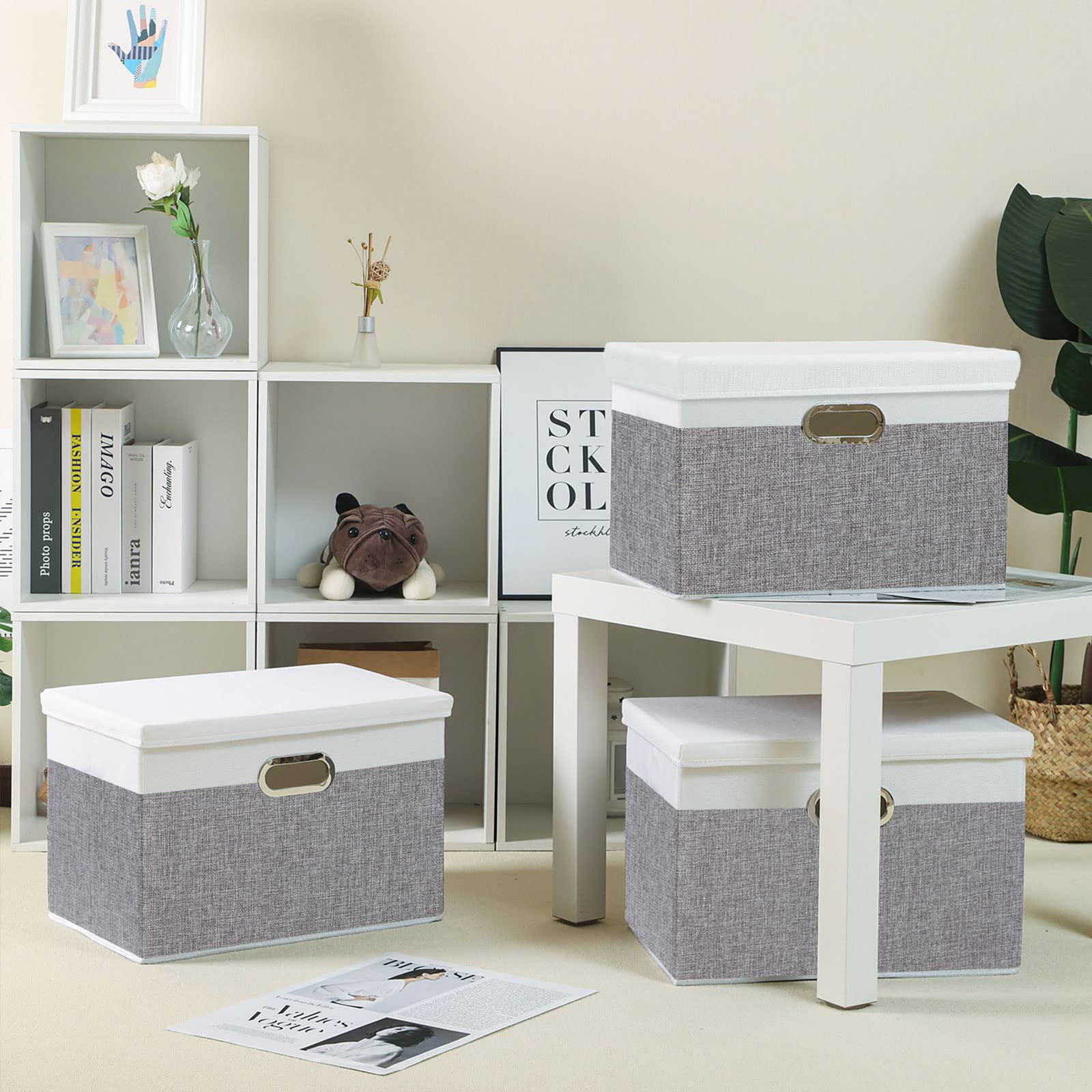 Yawinhe Collapsible Storage Box (5-Pack) 15x9.8x9.8in Waterproof Storage Basket Bins  with Lids and 2 Handles  for Clothes  Closet Organizers and Storage Containers  White/Gray  USNK066WGL-5