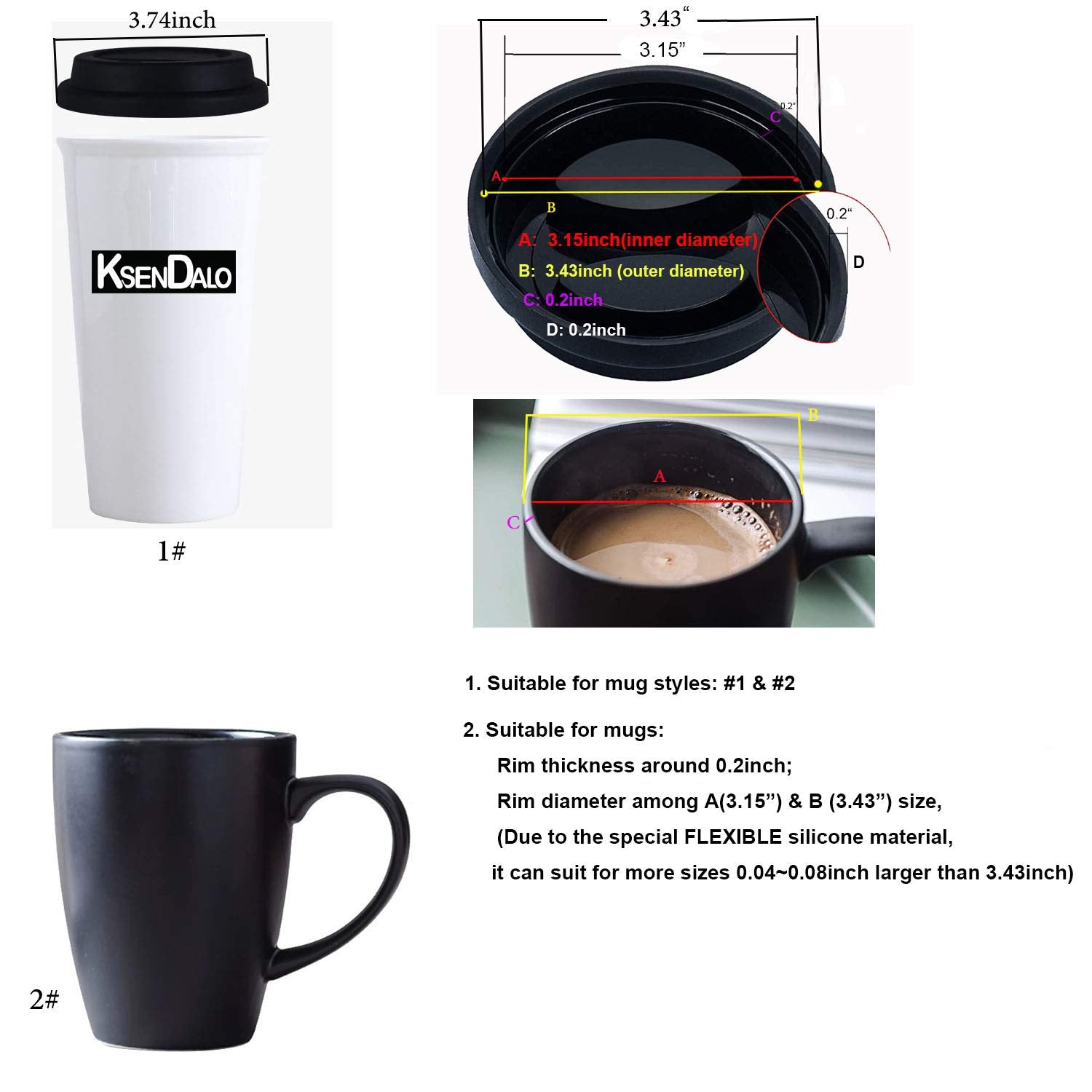Coffee Mug Lids, Ksendalo Thicker Eco Reusable Silicone Travel Mug Lids(3.15''Inner Diameter,3.43''Outer Diameter), Silicone Cup