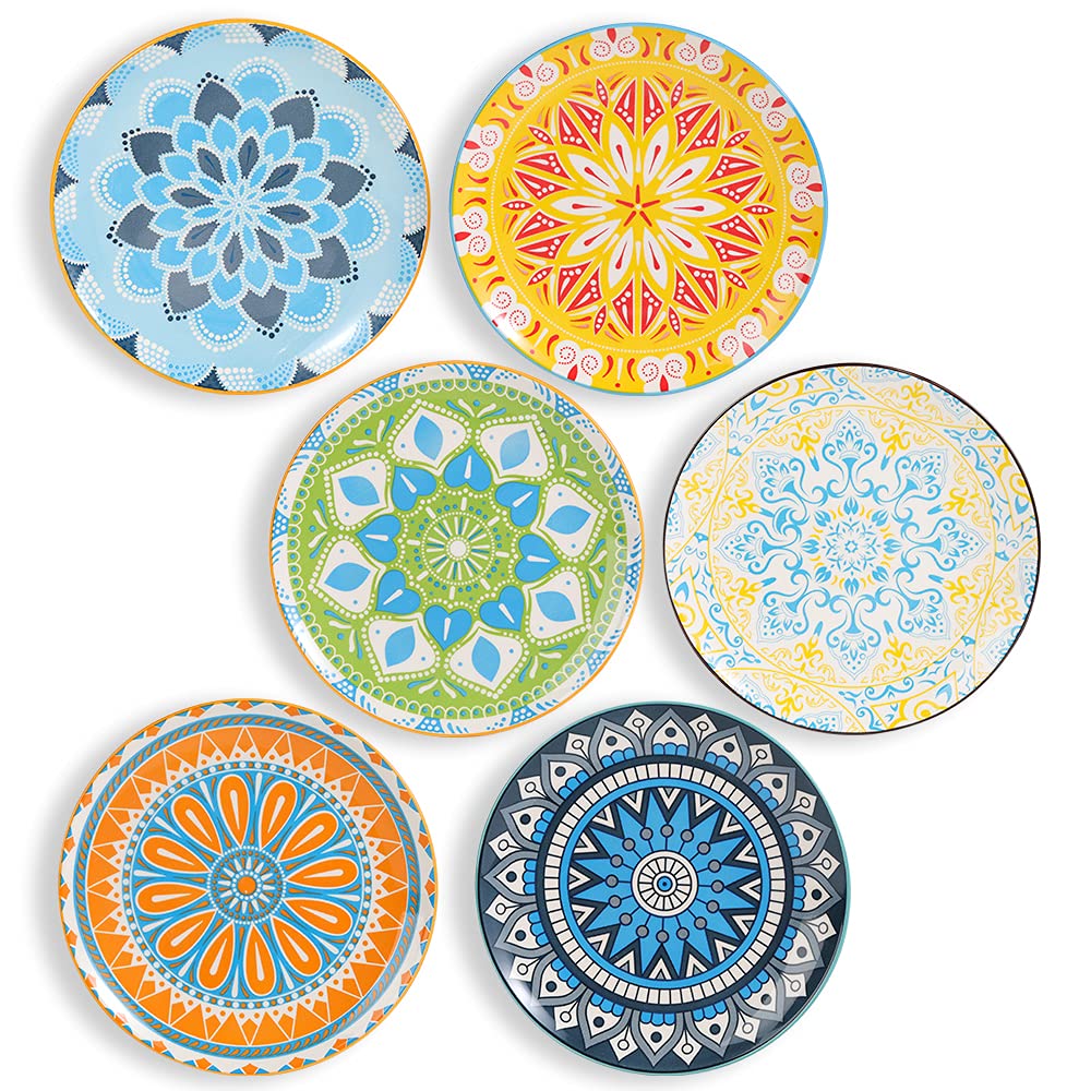 AHX Plate Set 8 Inch - Salad Plates | Dessert Appetizer Plates Colorful - Porcelain Lunch Plates - Set of 6 - Dishwasher and Mic