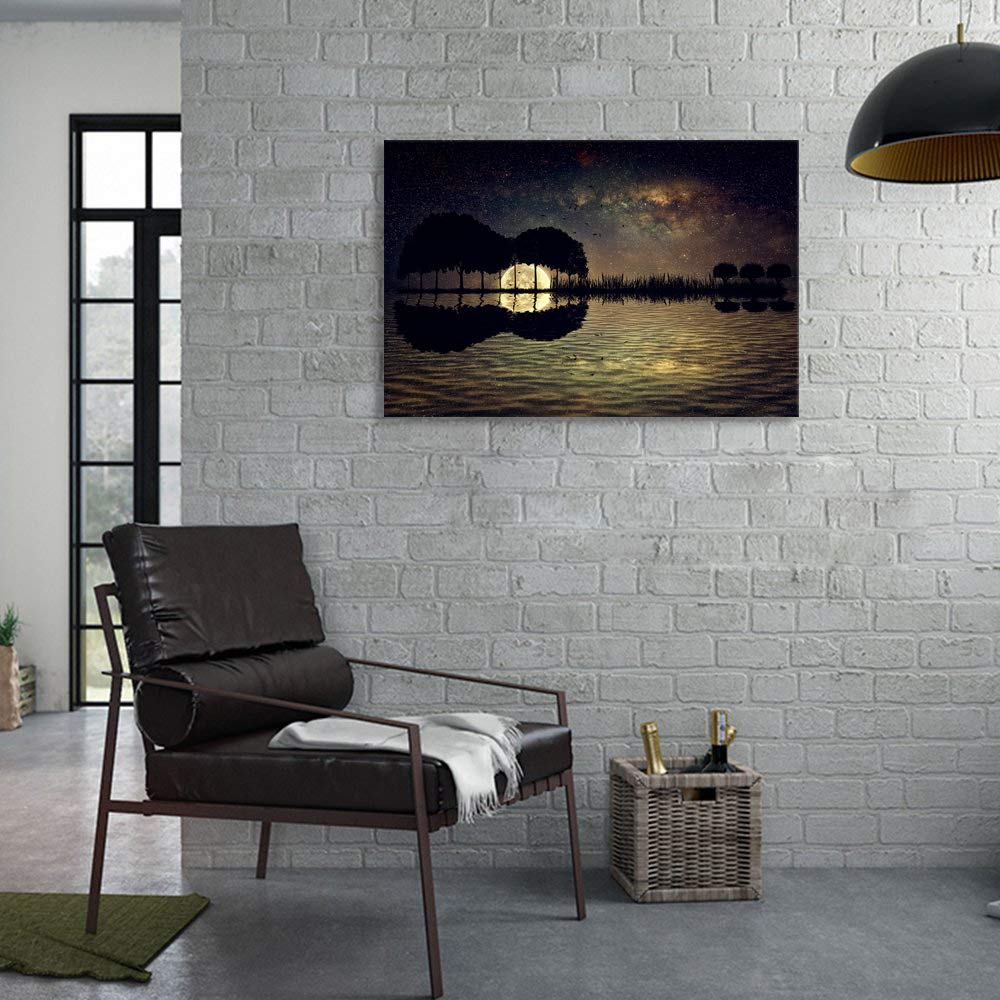 Urttiiyy Guitar Trees Arranged In A Shape Of A Guitar On A Starry Sky Background In A Full Moon Night Canvas Wall Art Modern Hom