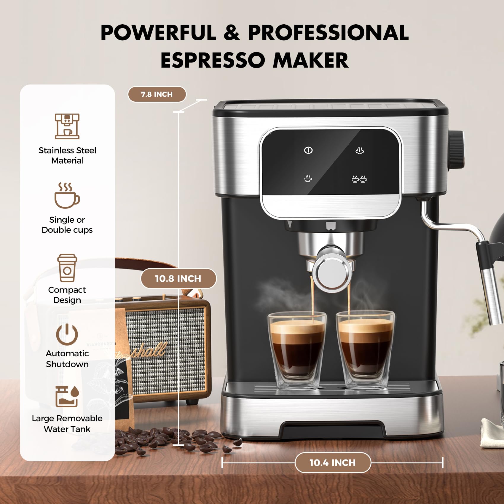 Lertin Espresso Machine 20 Bar, Professional Espresso Maker With Auto Milk Frother, Home Compact Espresso Coffee Machine With Le